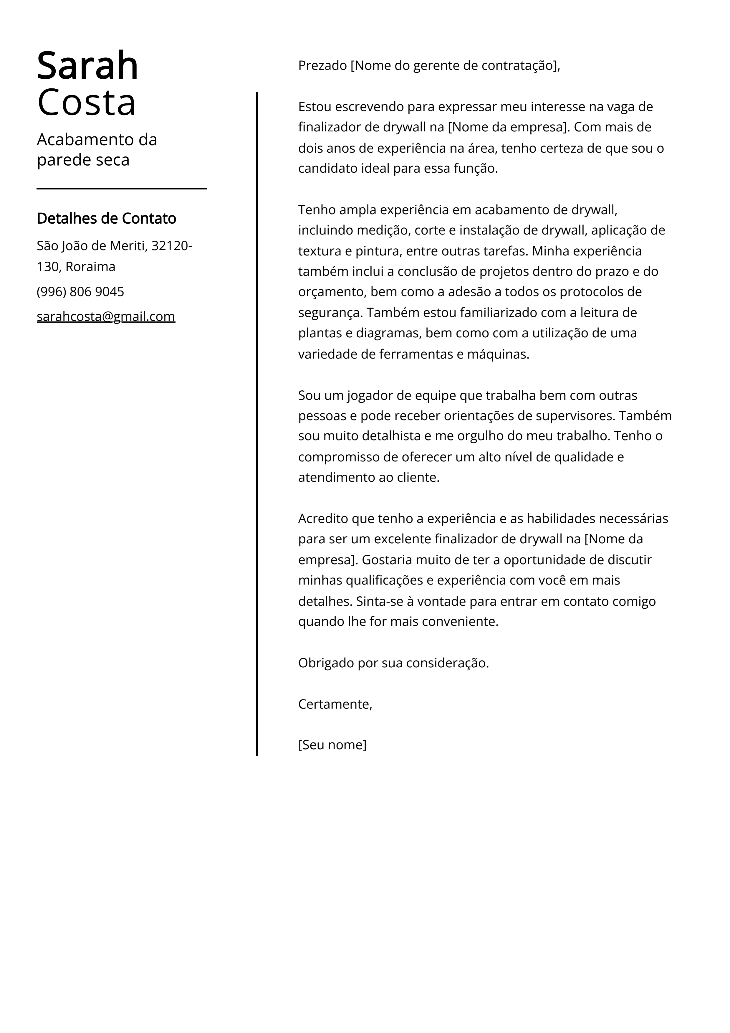 Acabamento da parede seca Cover Letter Example