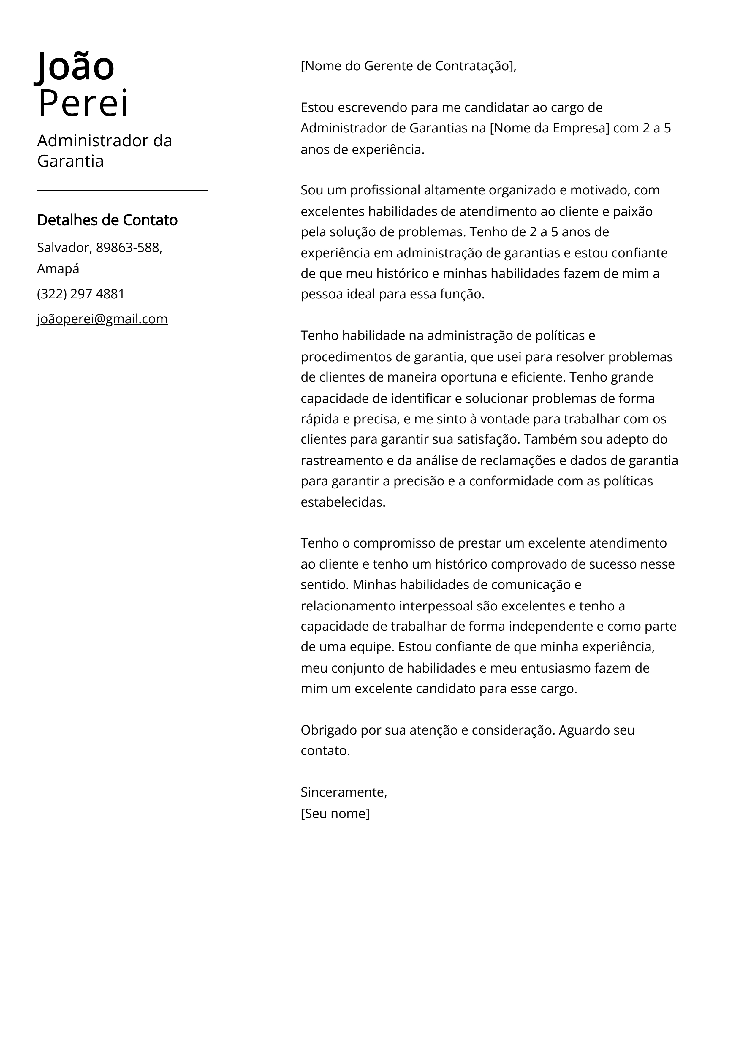 Exemplo de carta de apresentação do Administrador da Garantia