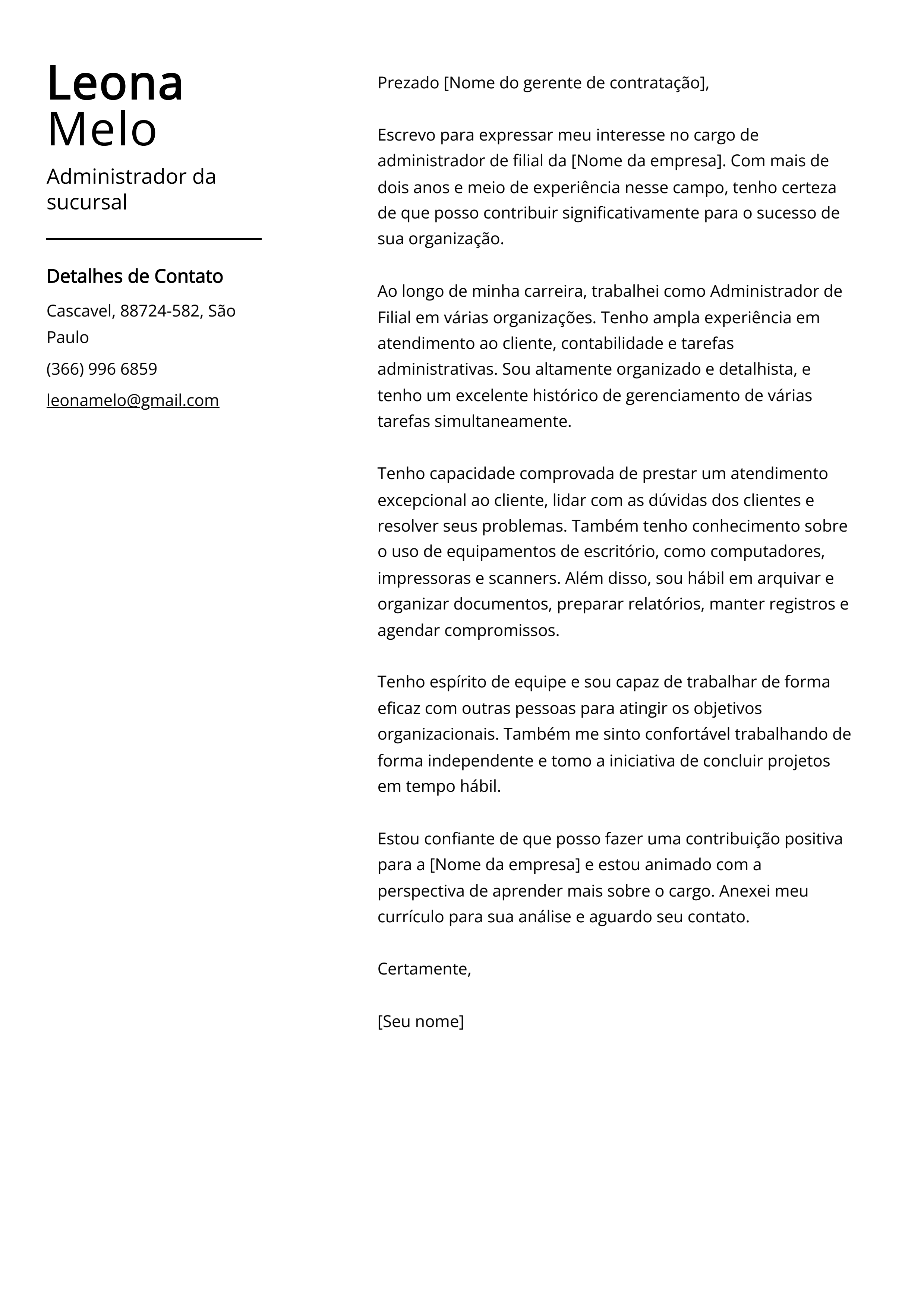 Exemplo de carta de apresentação do administrador da sucursal