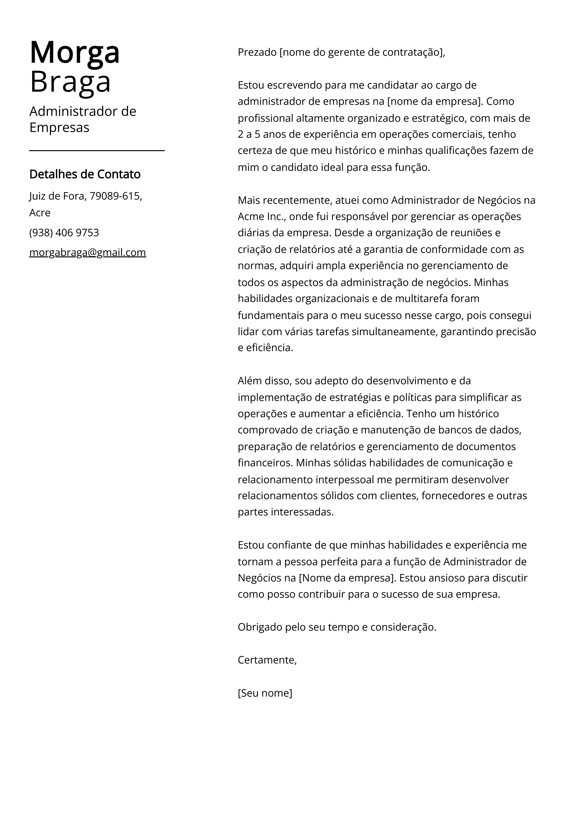 Exemplo de Carta de Apresentação de Administrador de Empresas