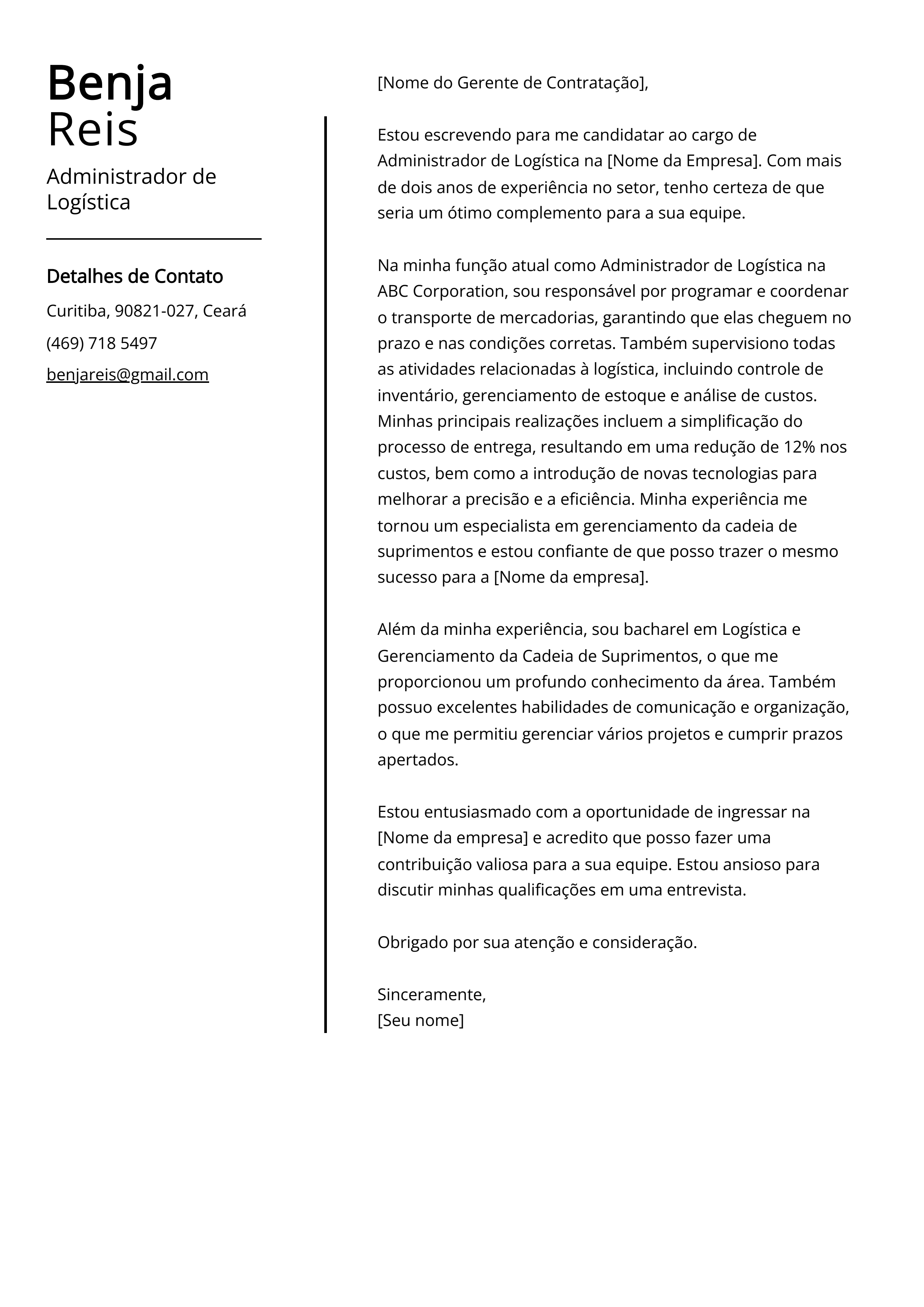 Exemplo de carta de apresentação do Administrador de Logística