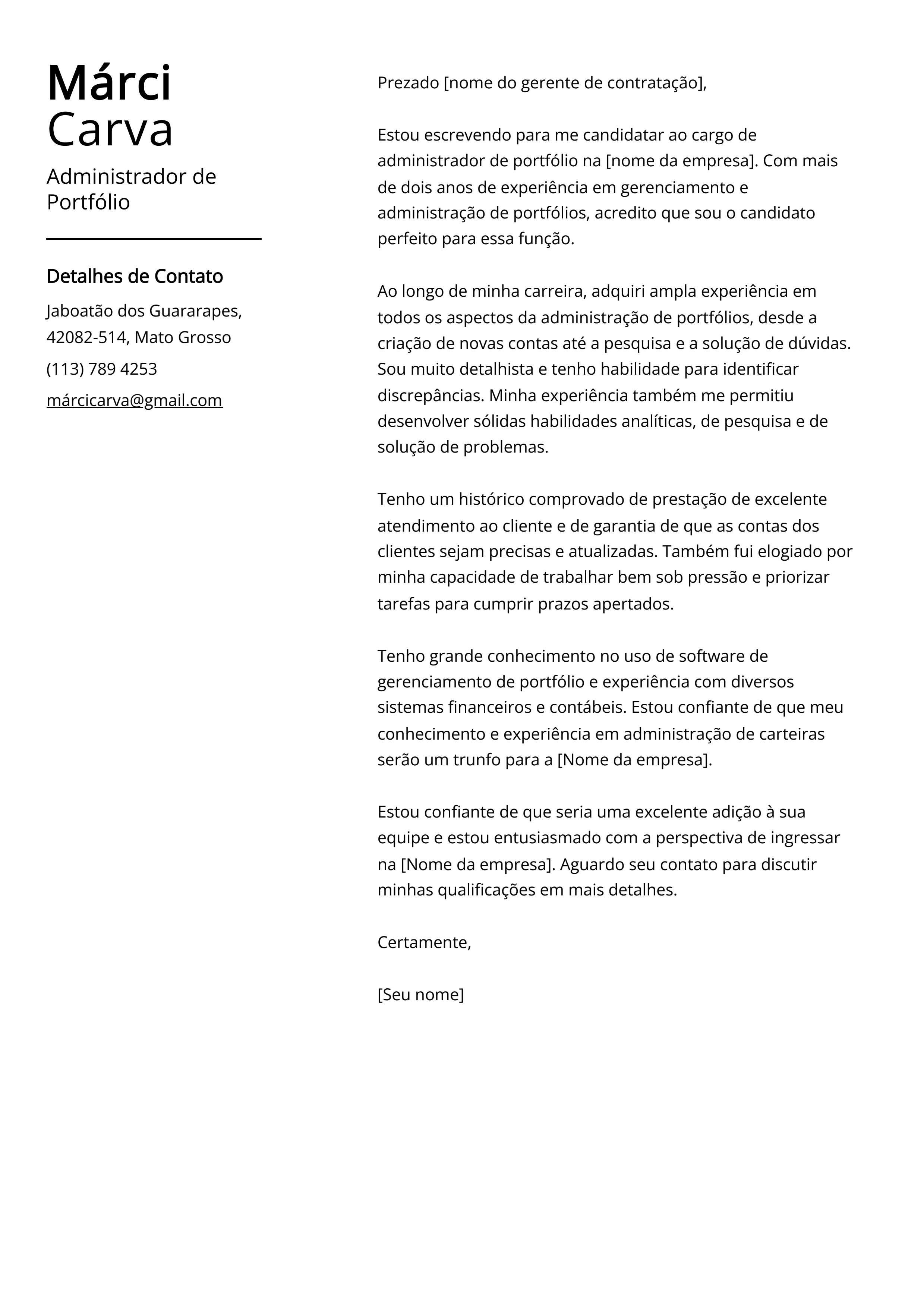 Exemplo de carta de apresentação do Administrador de Portfólio