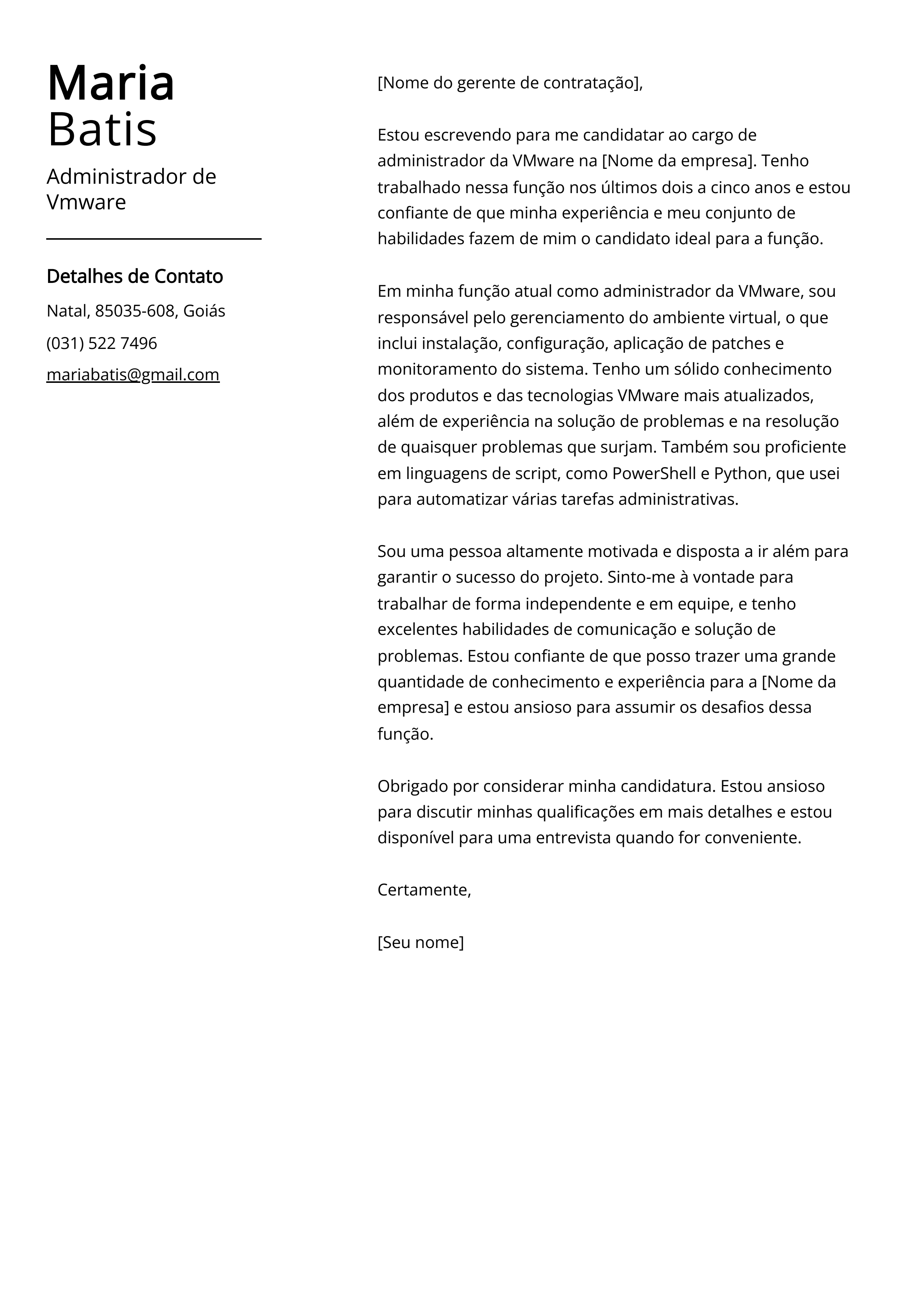 Exemplo de carta de apresentação do Administrador de Vmware