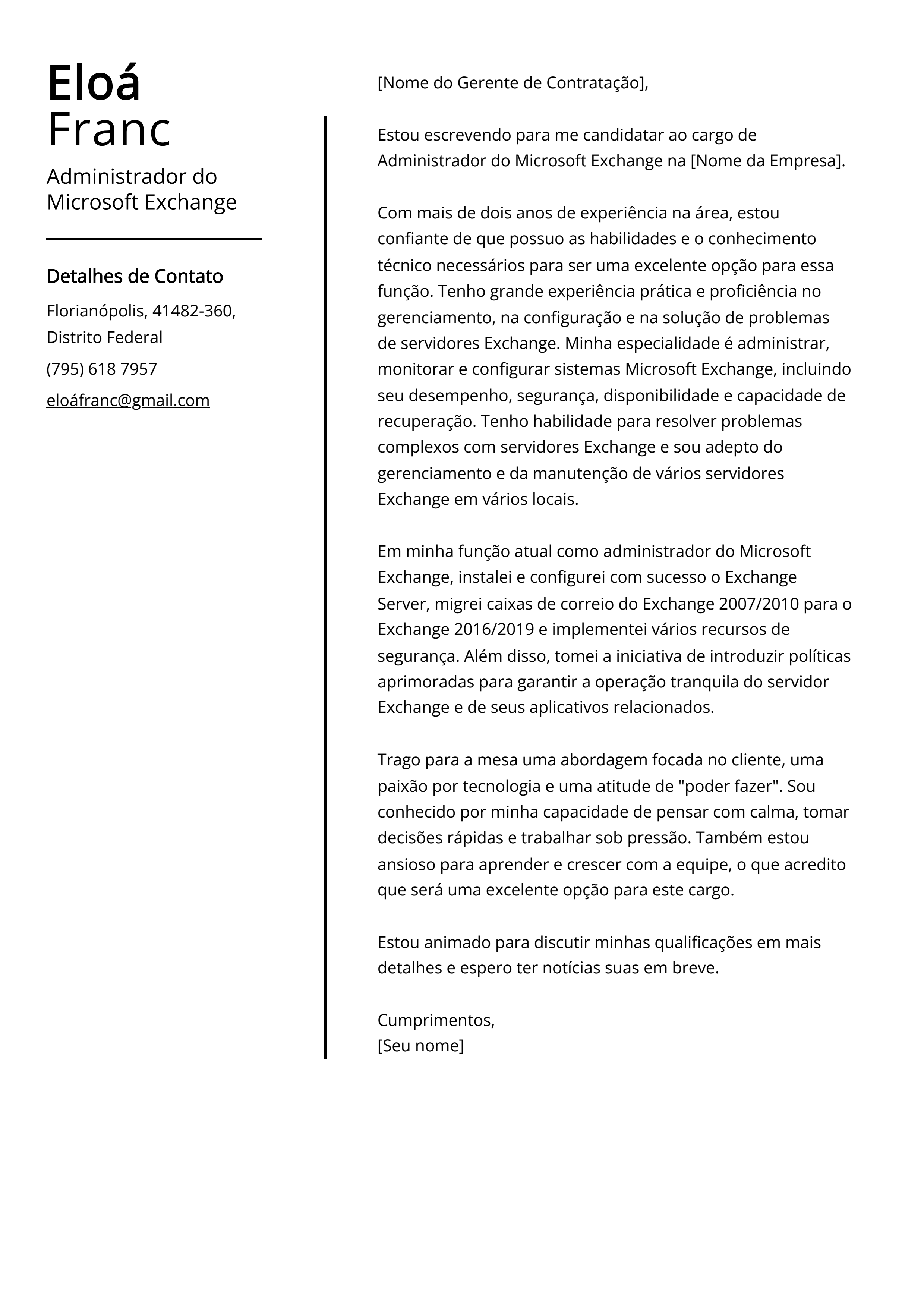 Exemplo de carta de apresentação do Administrador do Microsoft Exchange
