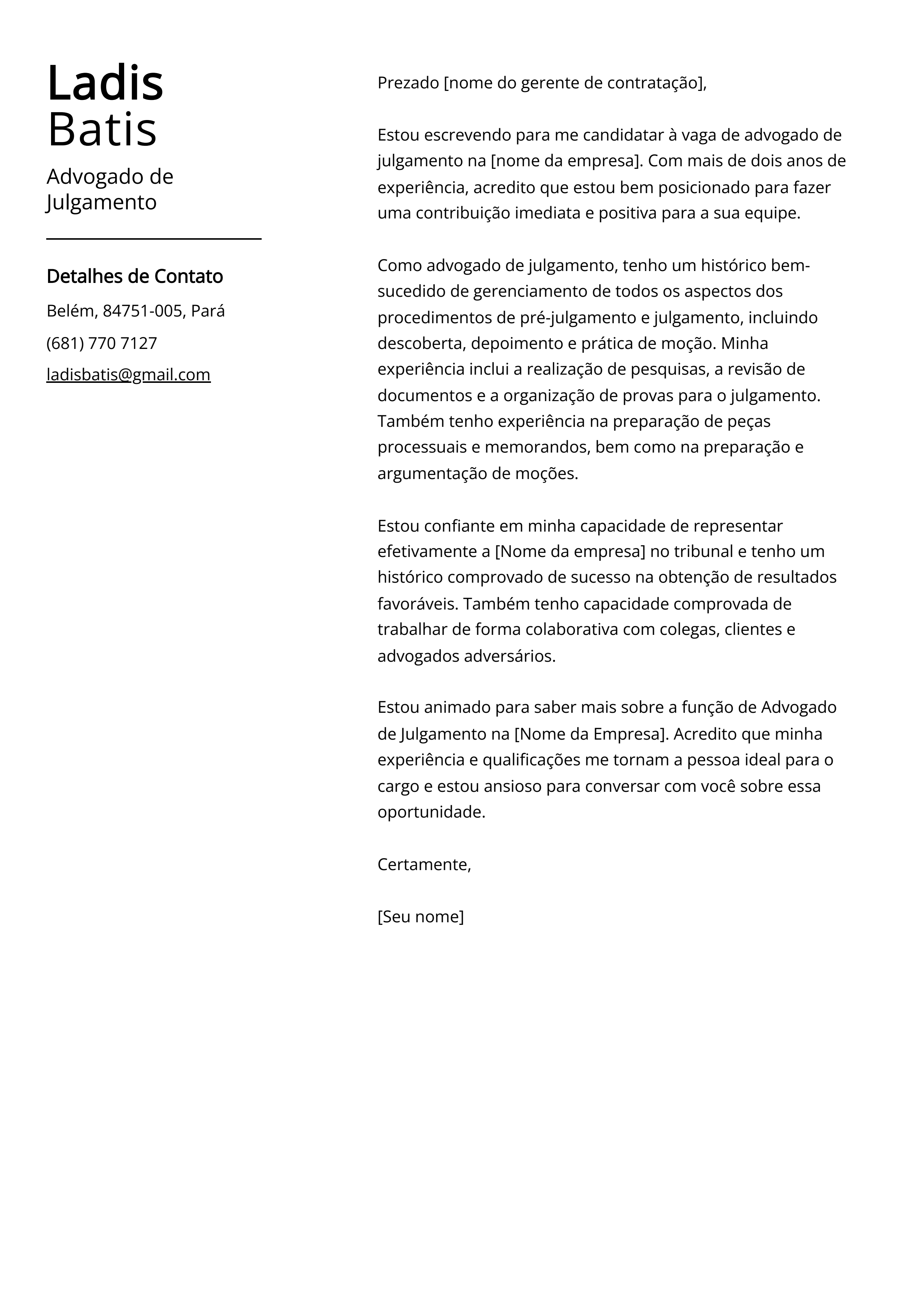 Exemplo de Carta de Apresentação de Advogado de Julgamento