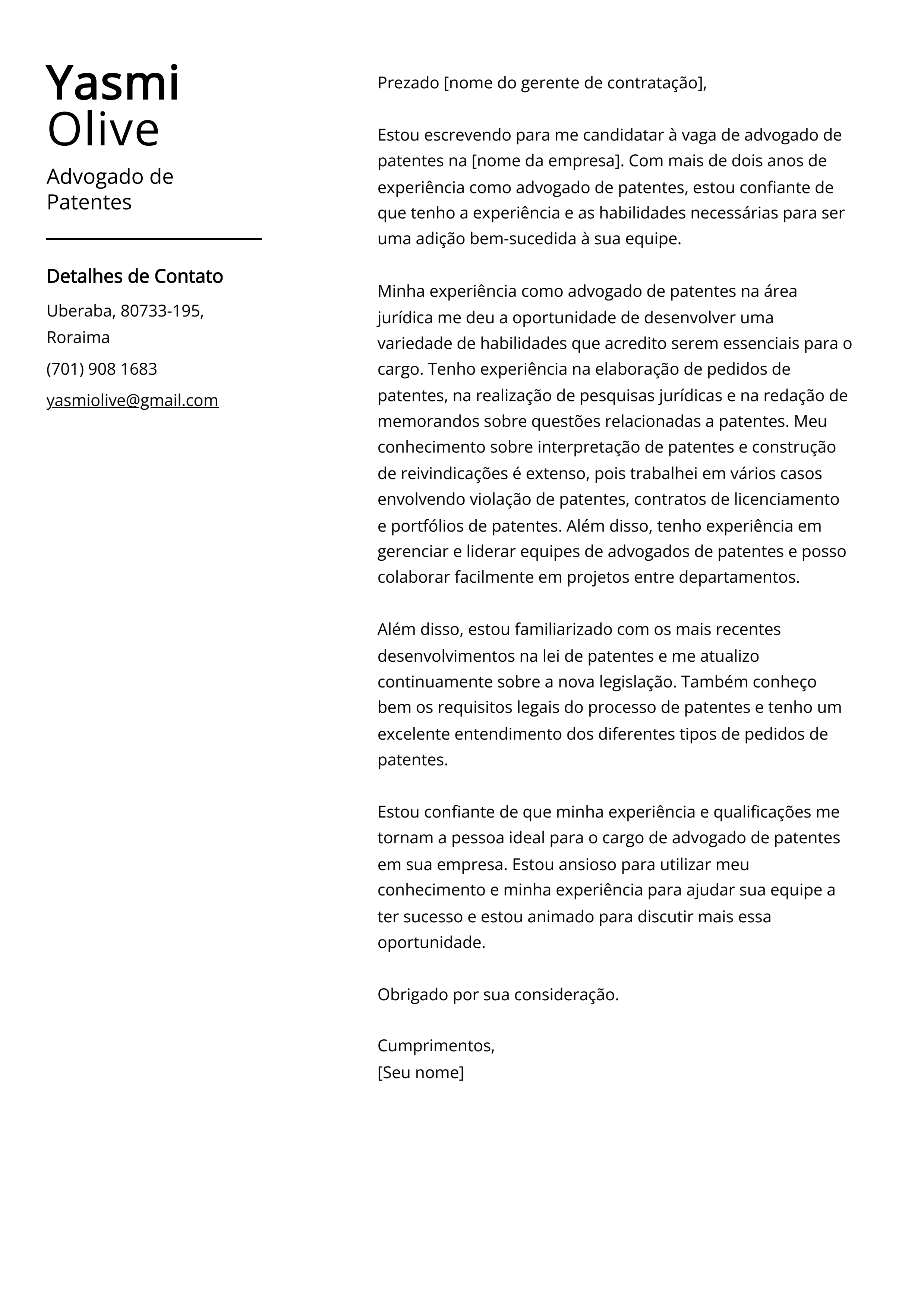 Exemplo de carta de apresentação de advogado de patentes