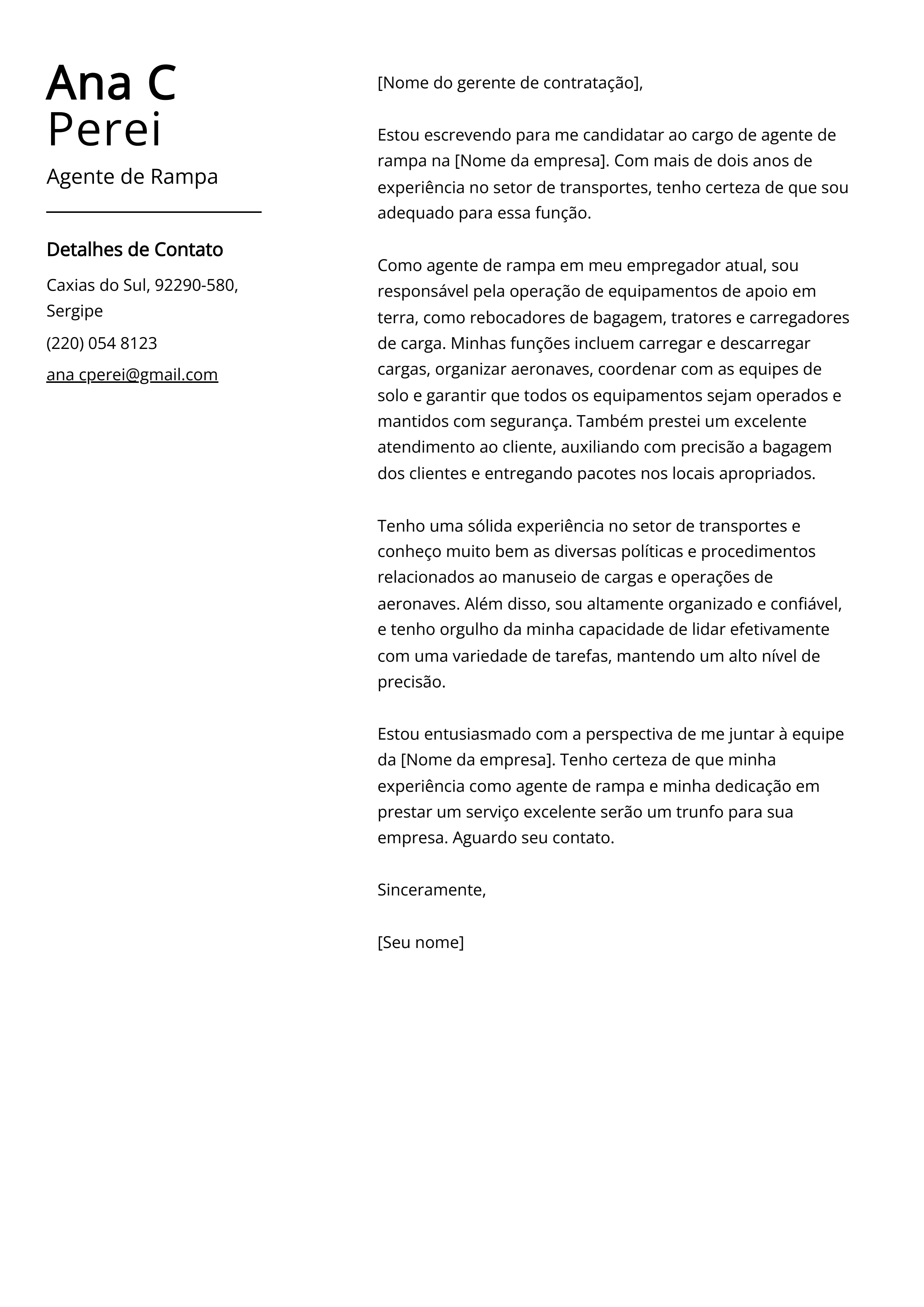 Exemplo de Carta de Apresentação de Agente de Rampa