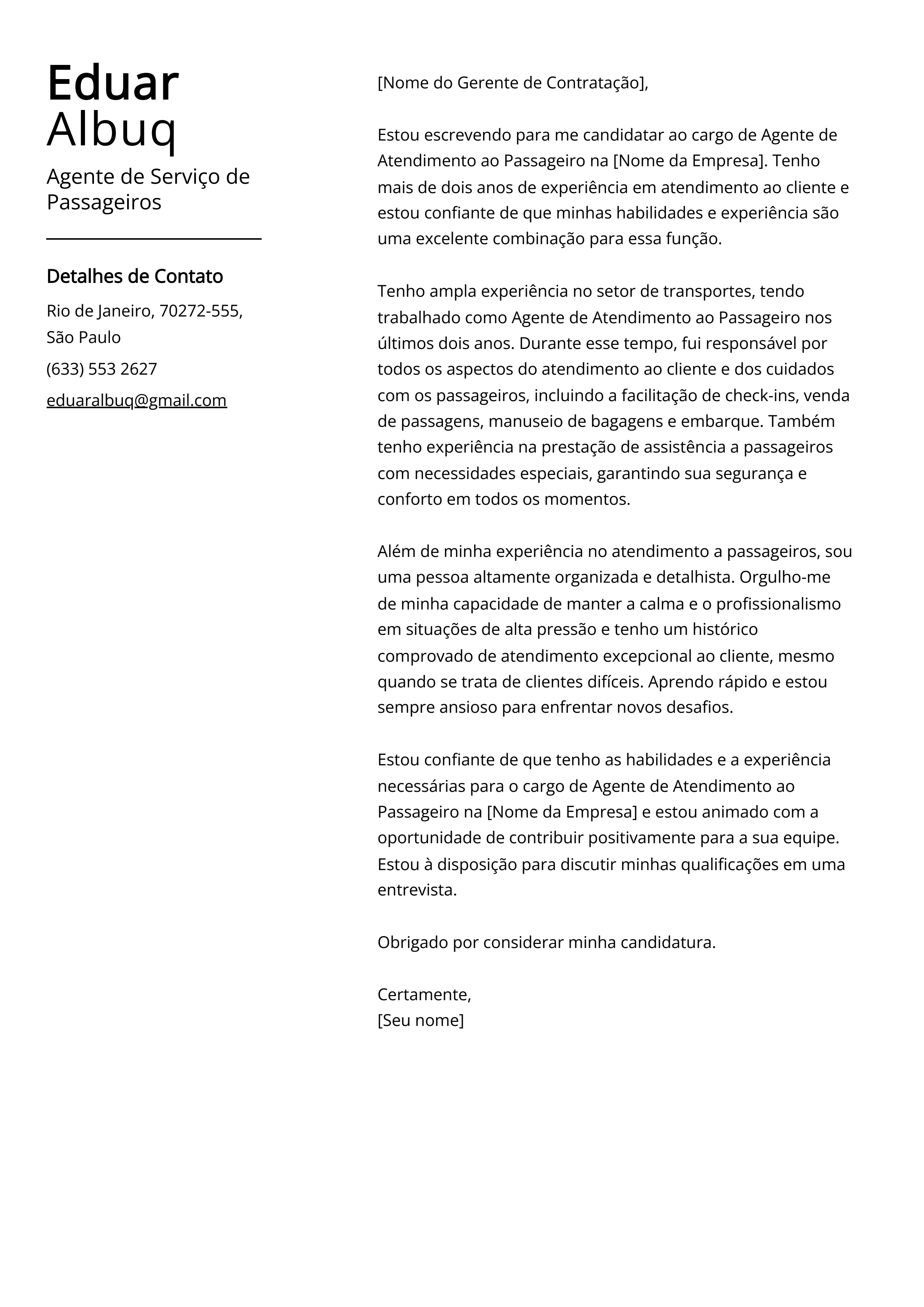 Exemplo de carta de apresentação de Agente de Serviço de Passageiros