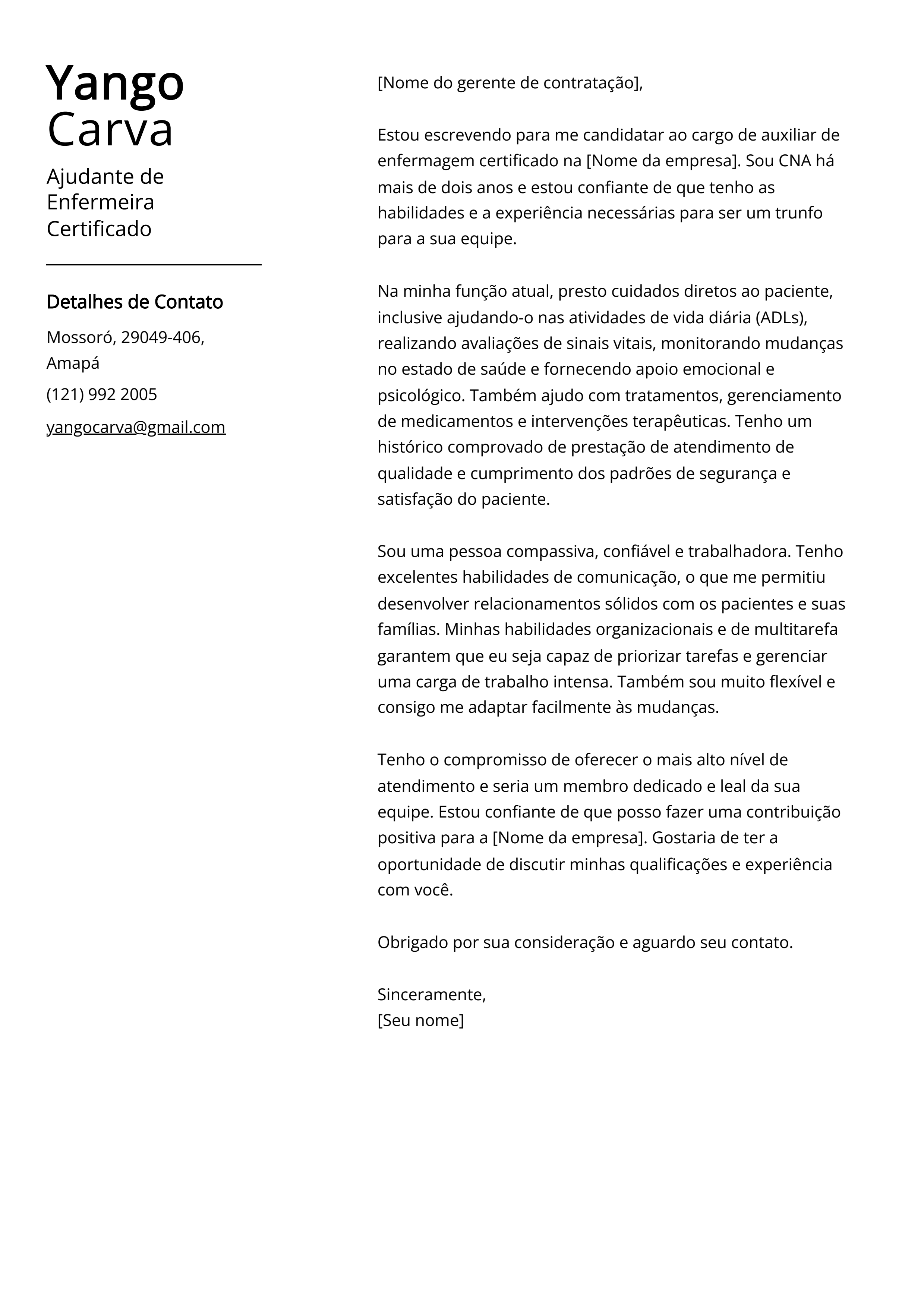 Exemplo de carta de apresentação do Certificado de Ajudante de Enfermeira