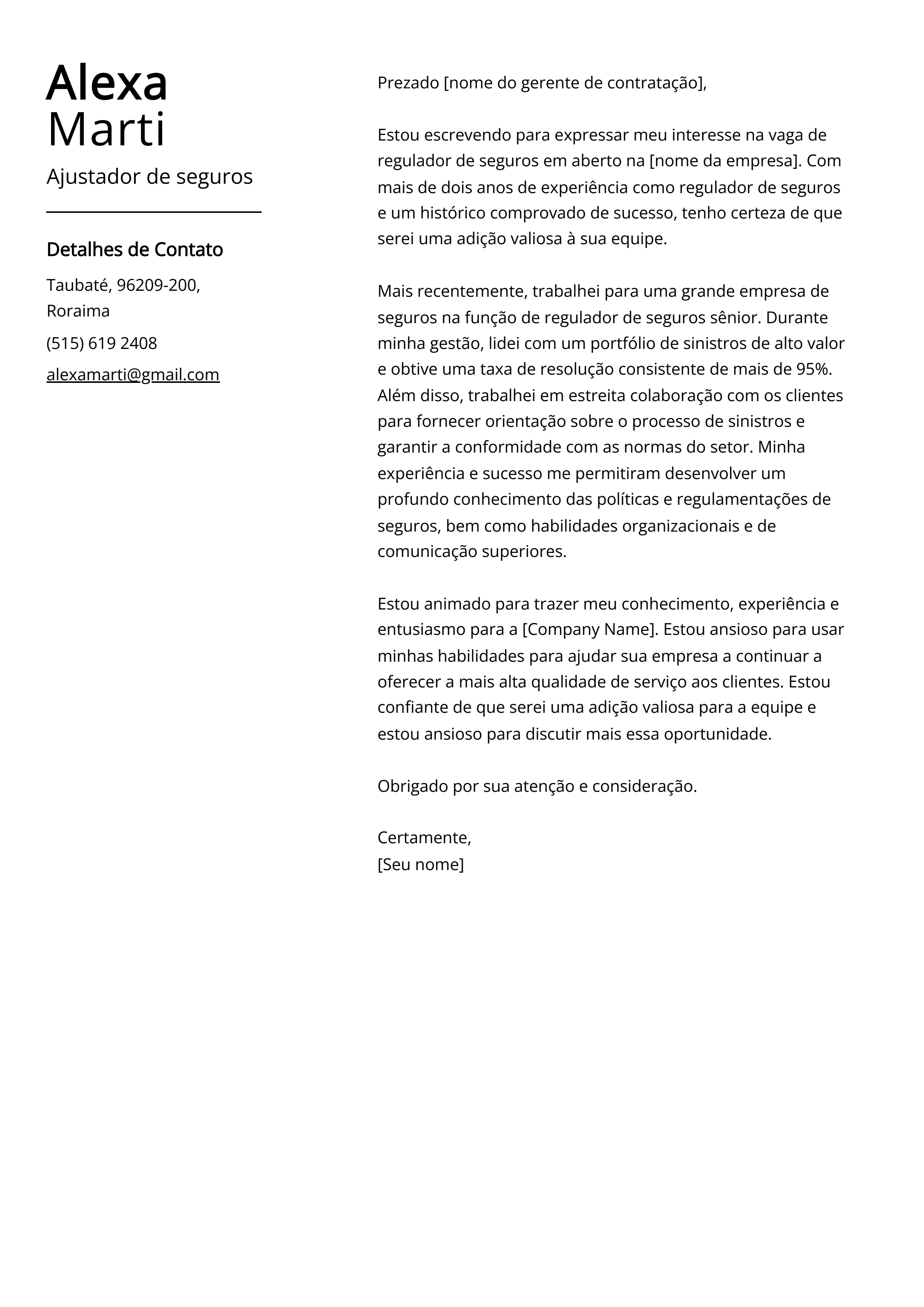 Exemplo de carta de apresentação do Ajustador de Seguros