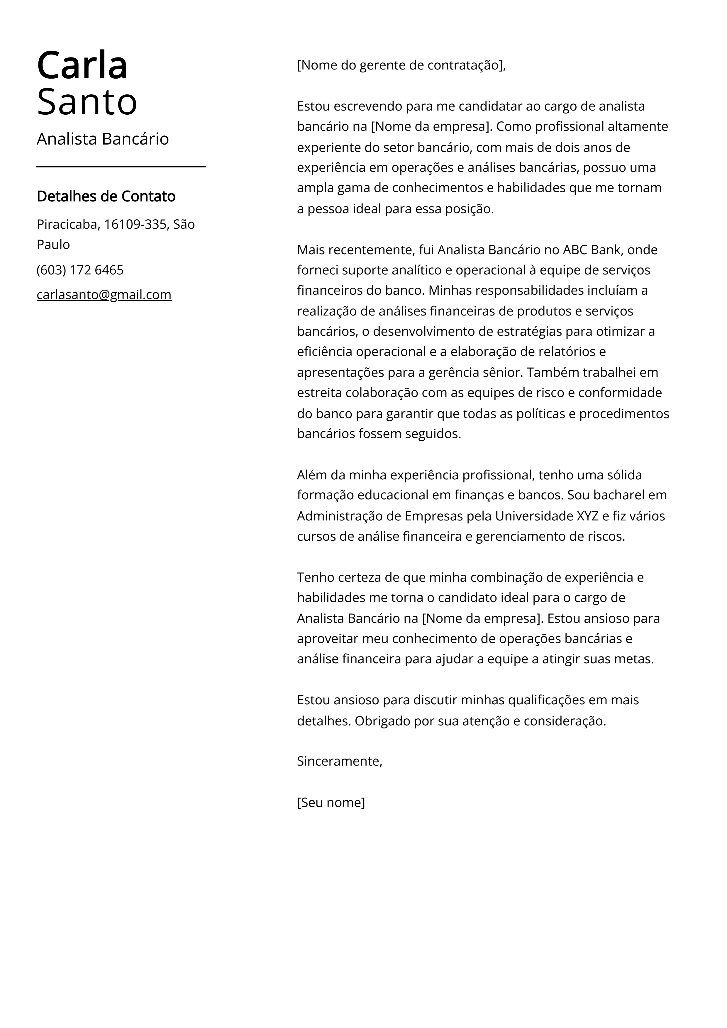 Exemplo de Carta de Apresentação de Analista Bancário