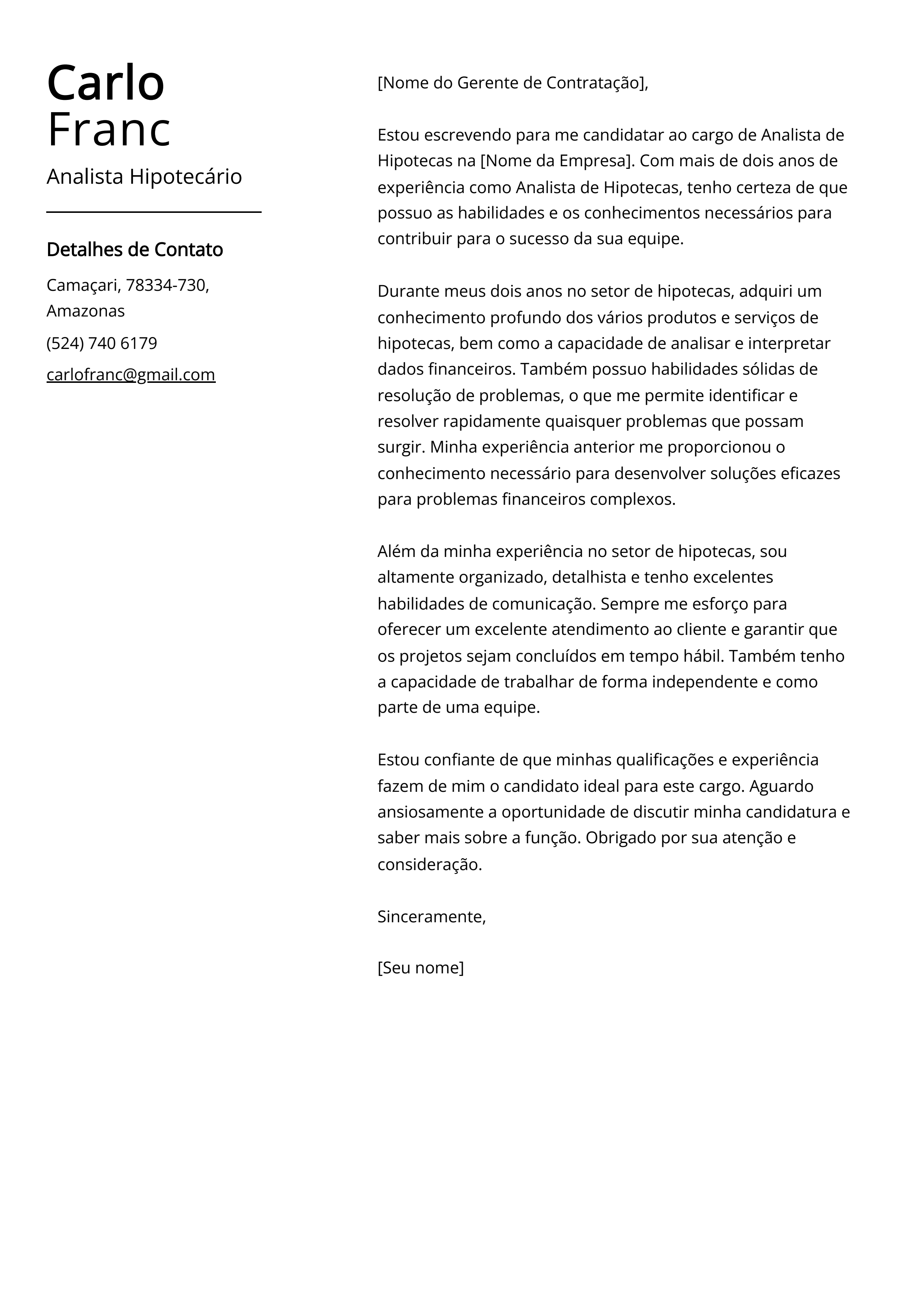 Exemplo de carta de apresentação do Analista Hipotecário