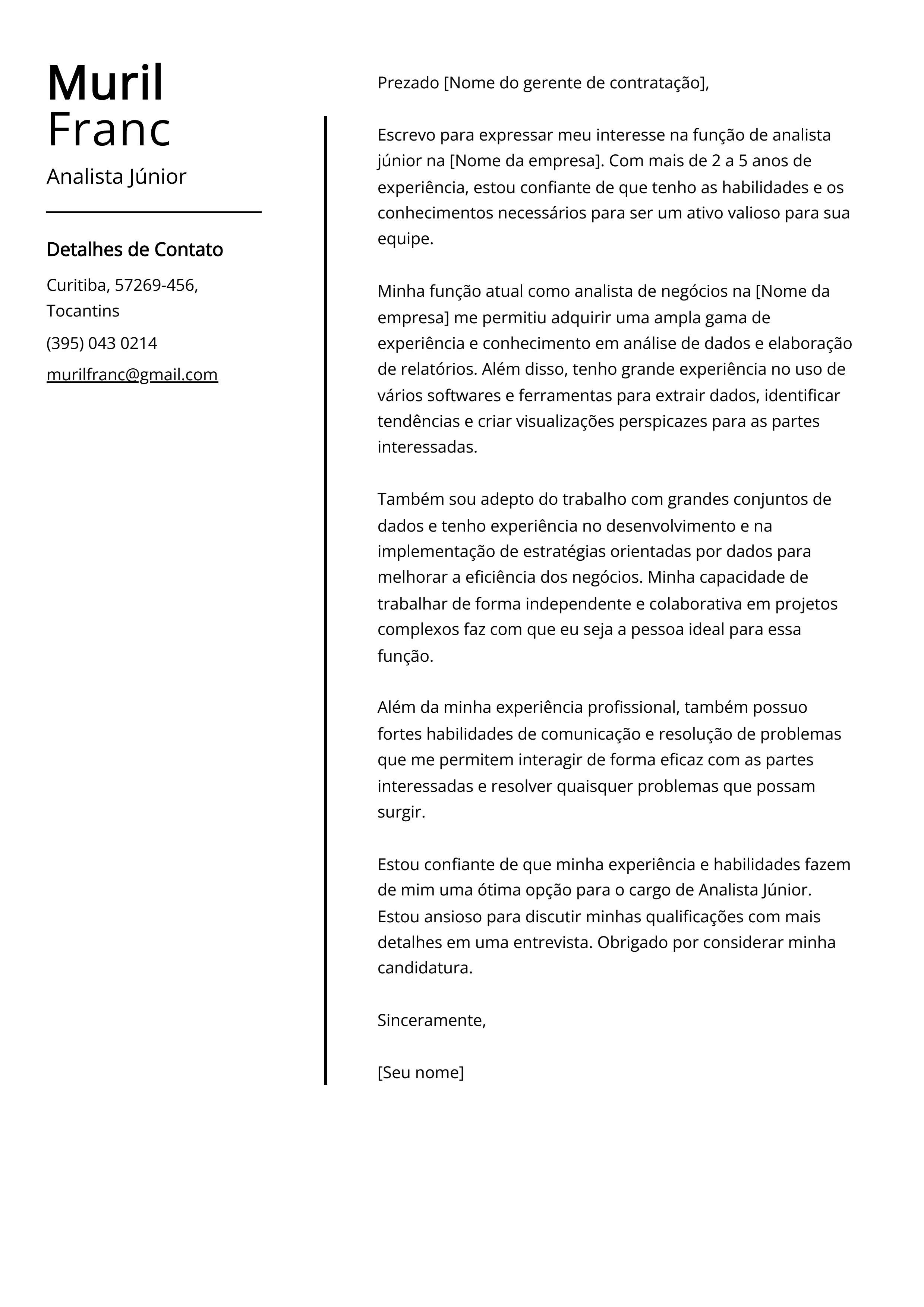 Exemplo de carta de apresentação do Analista Júnior