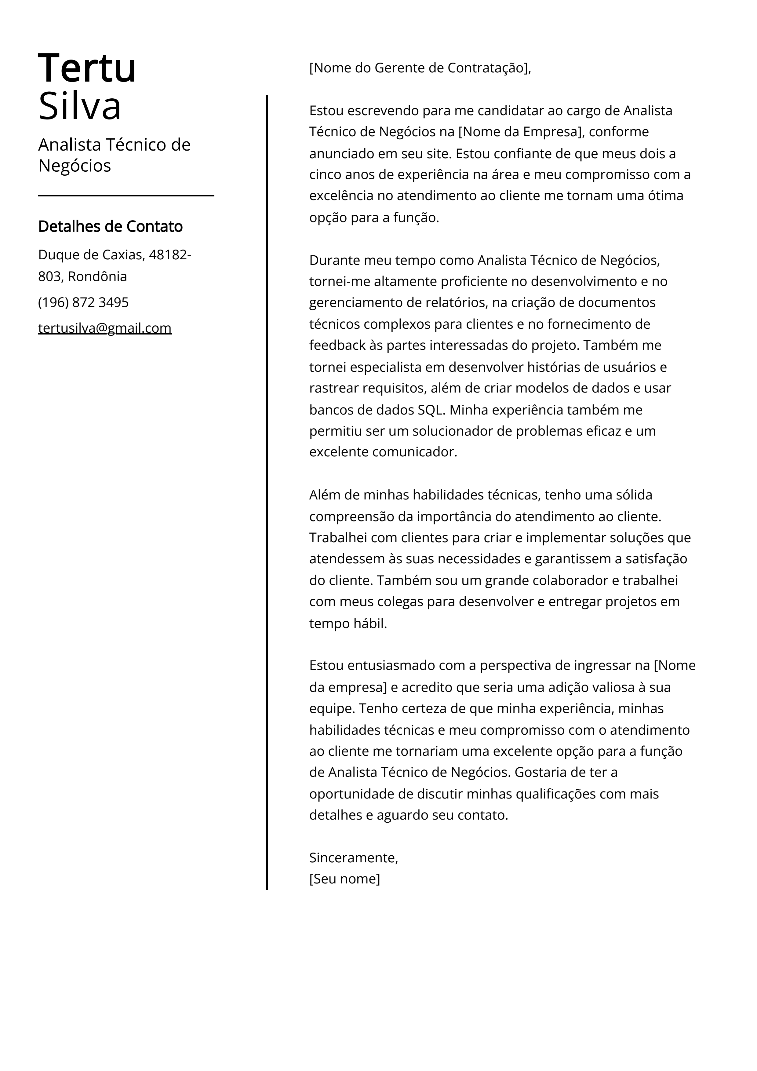 Exemplo de carta de apresentação do Analista Técnico de Negócios