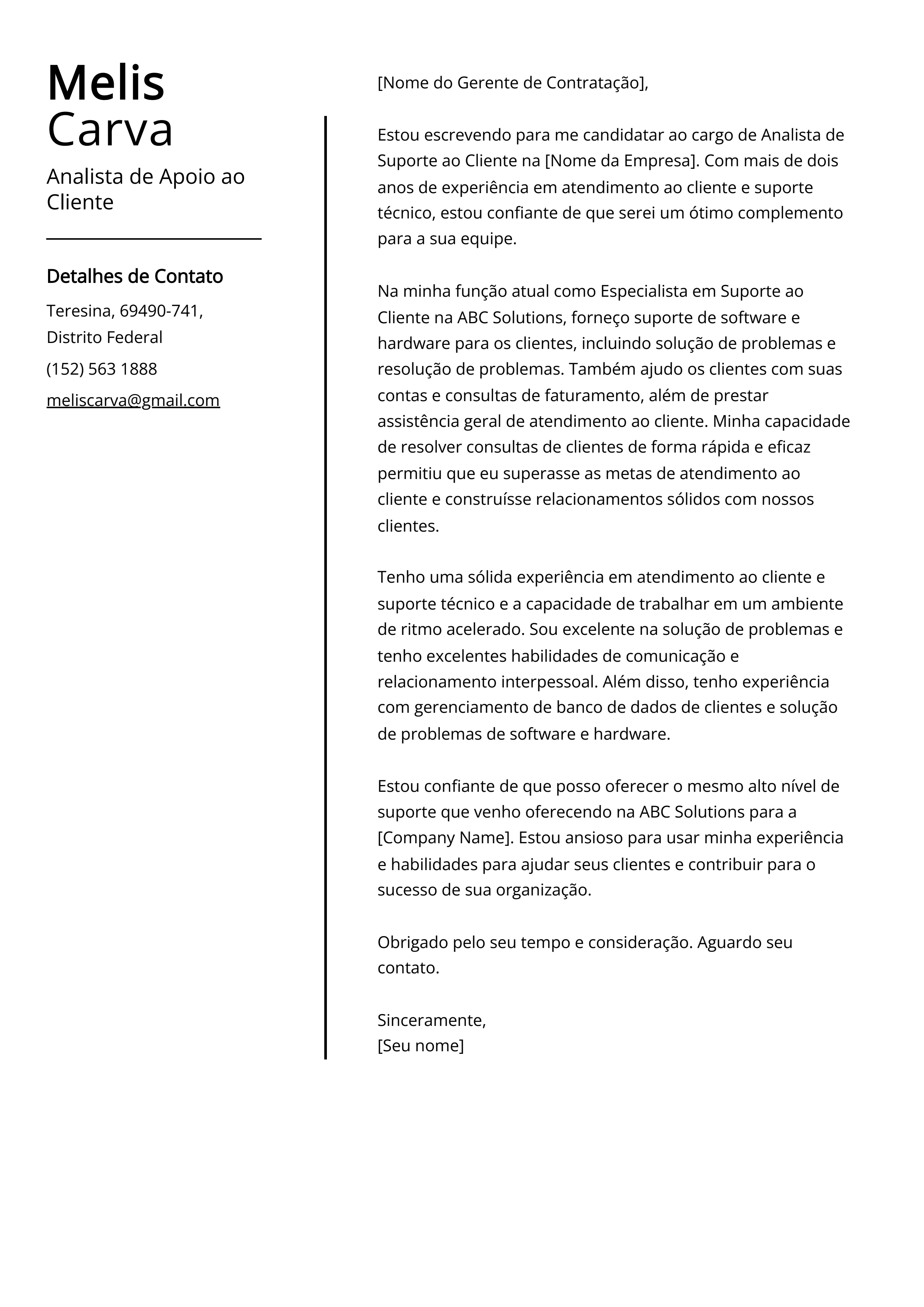 Exemplo de carta de apresentação do Analista de Apoio ao Cliente