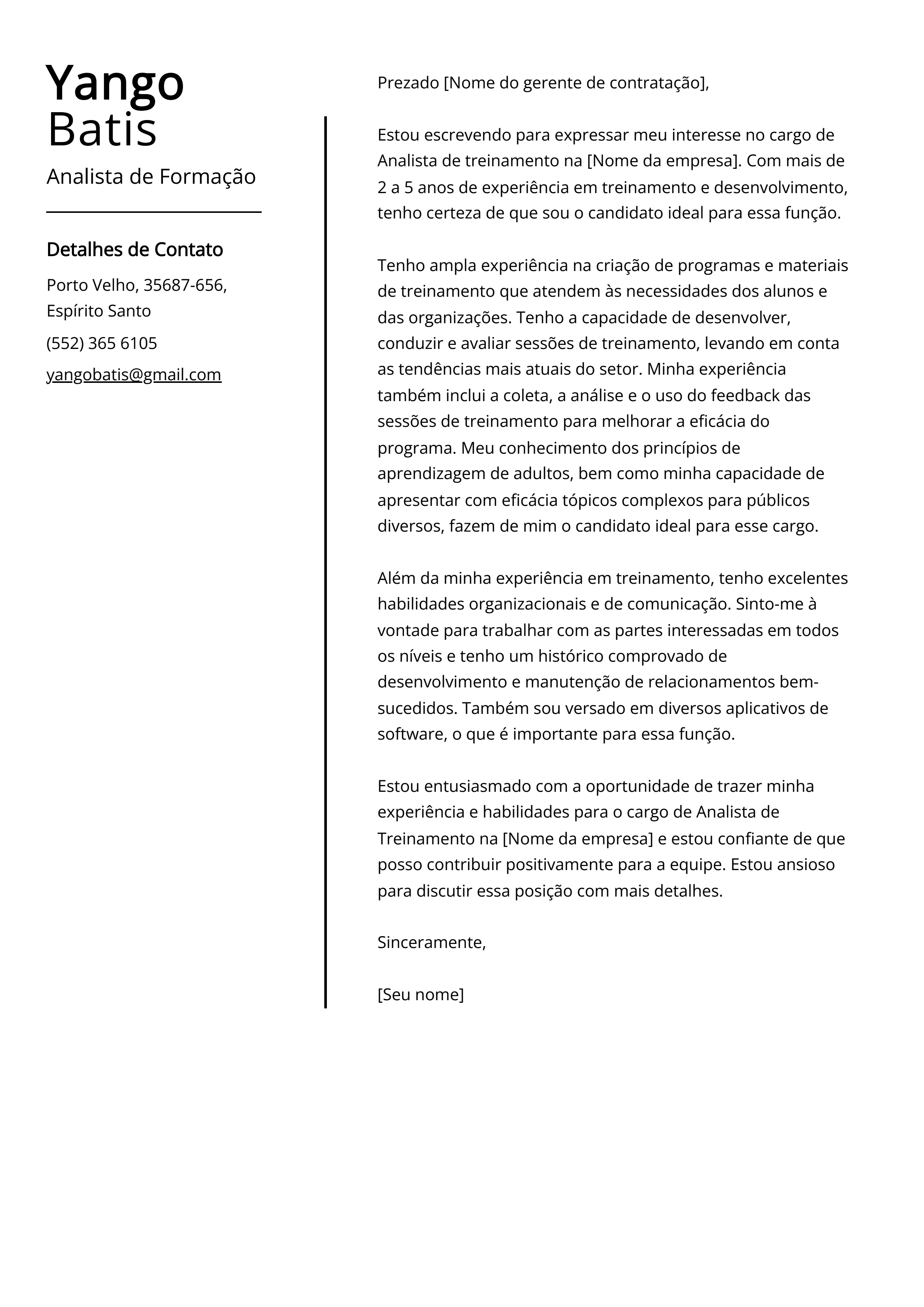 Exemplo de carta de apresentação do Analista de Formação