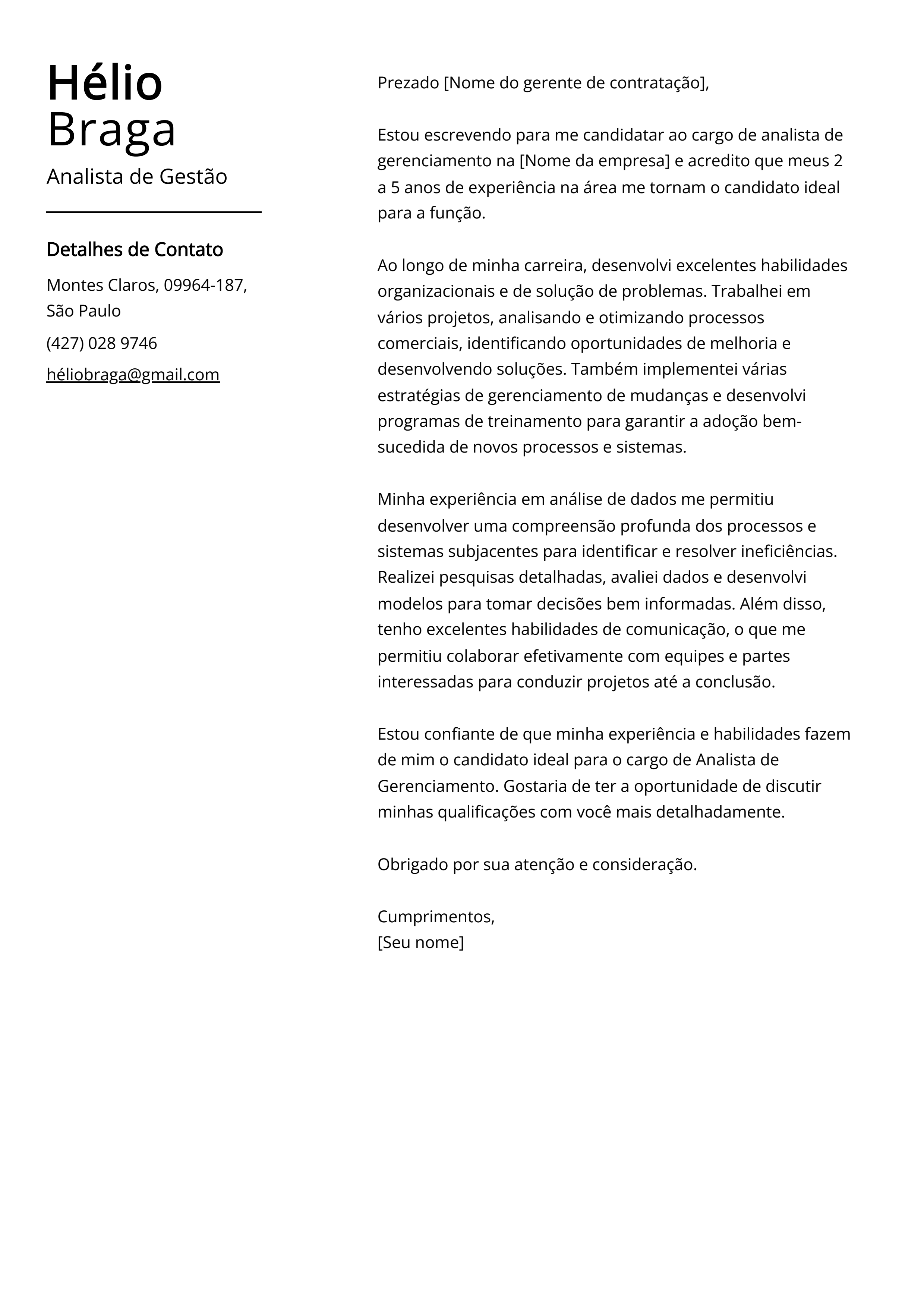 Exemplo de carta de apresentação do Analista de Gestão