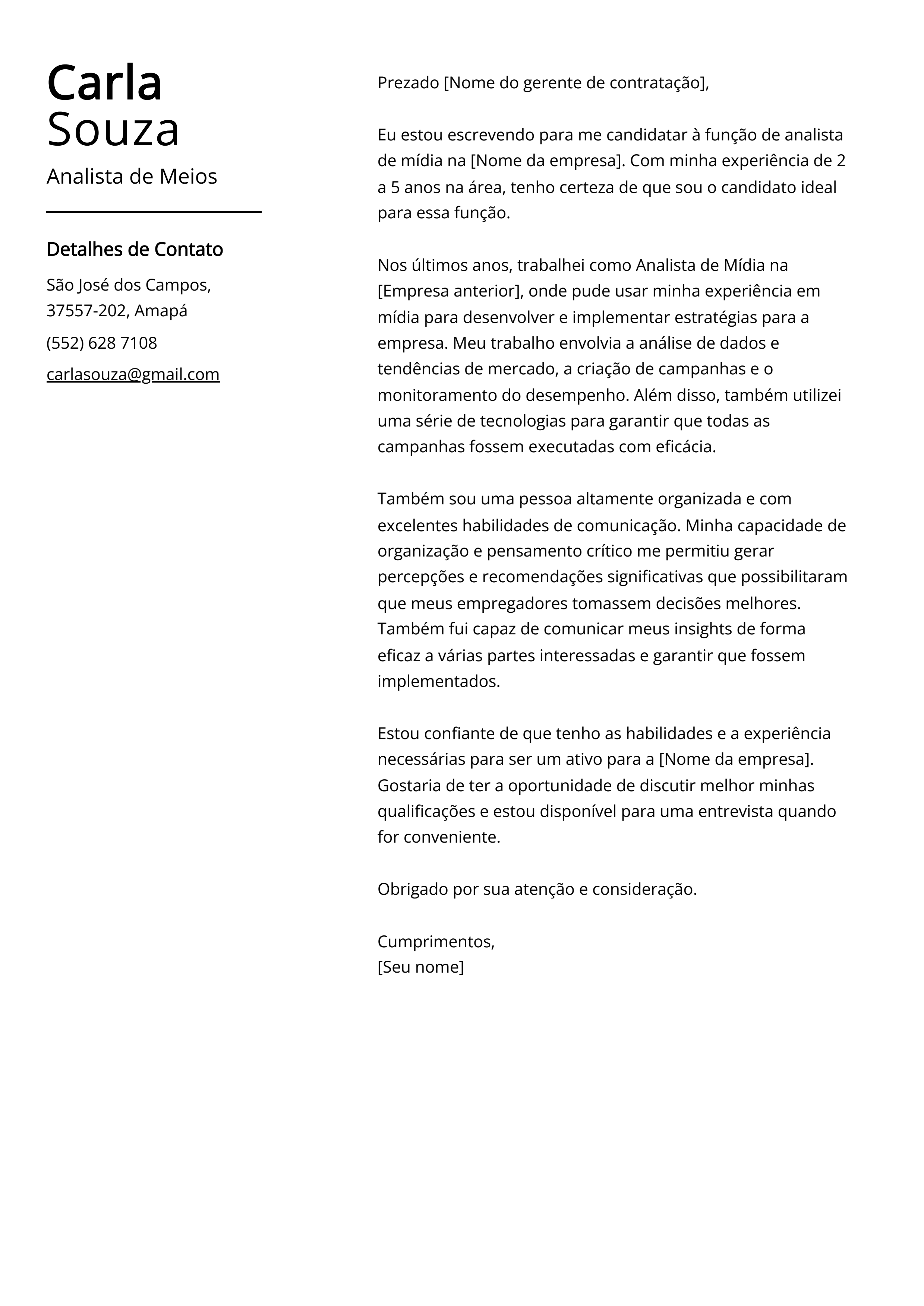 Exemplo de carta de apresentação do Analista de Meios