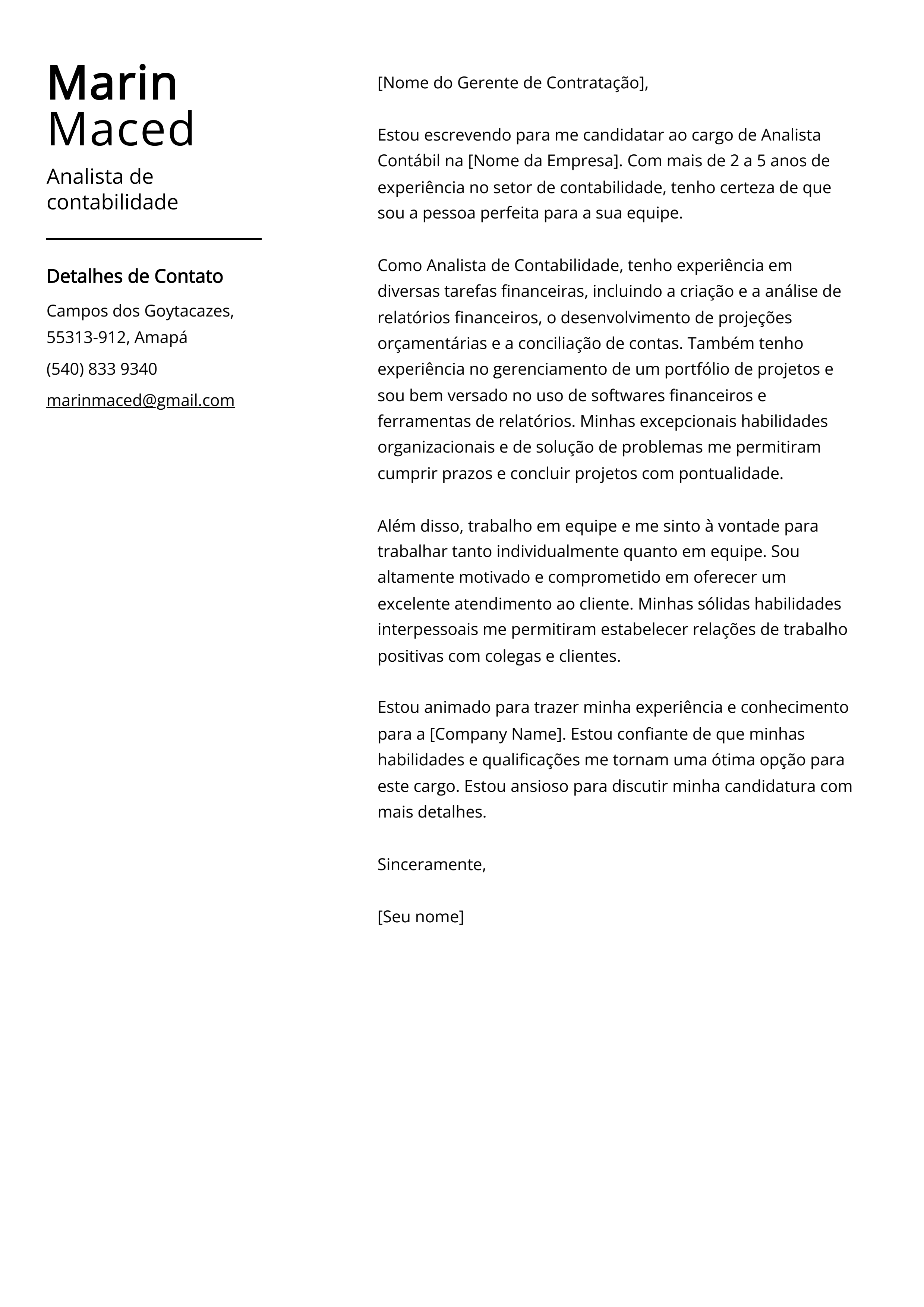 Exemplo de carta de apresentação de um analista de contabilidade