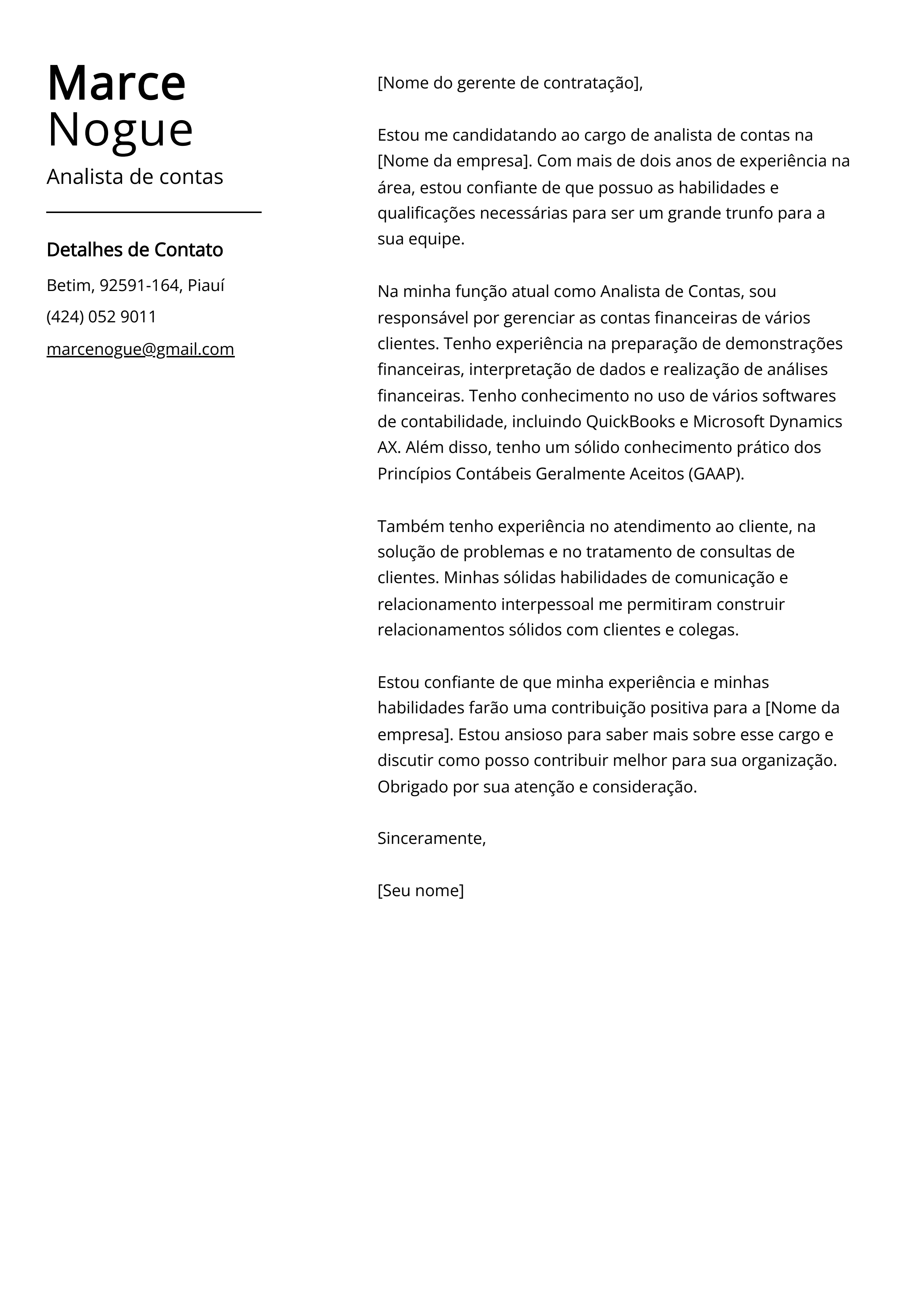 Exemplo de carta de apresentação de um analista de contas