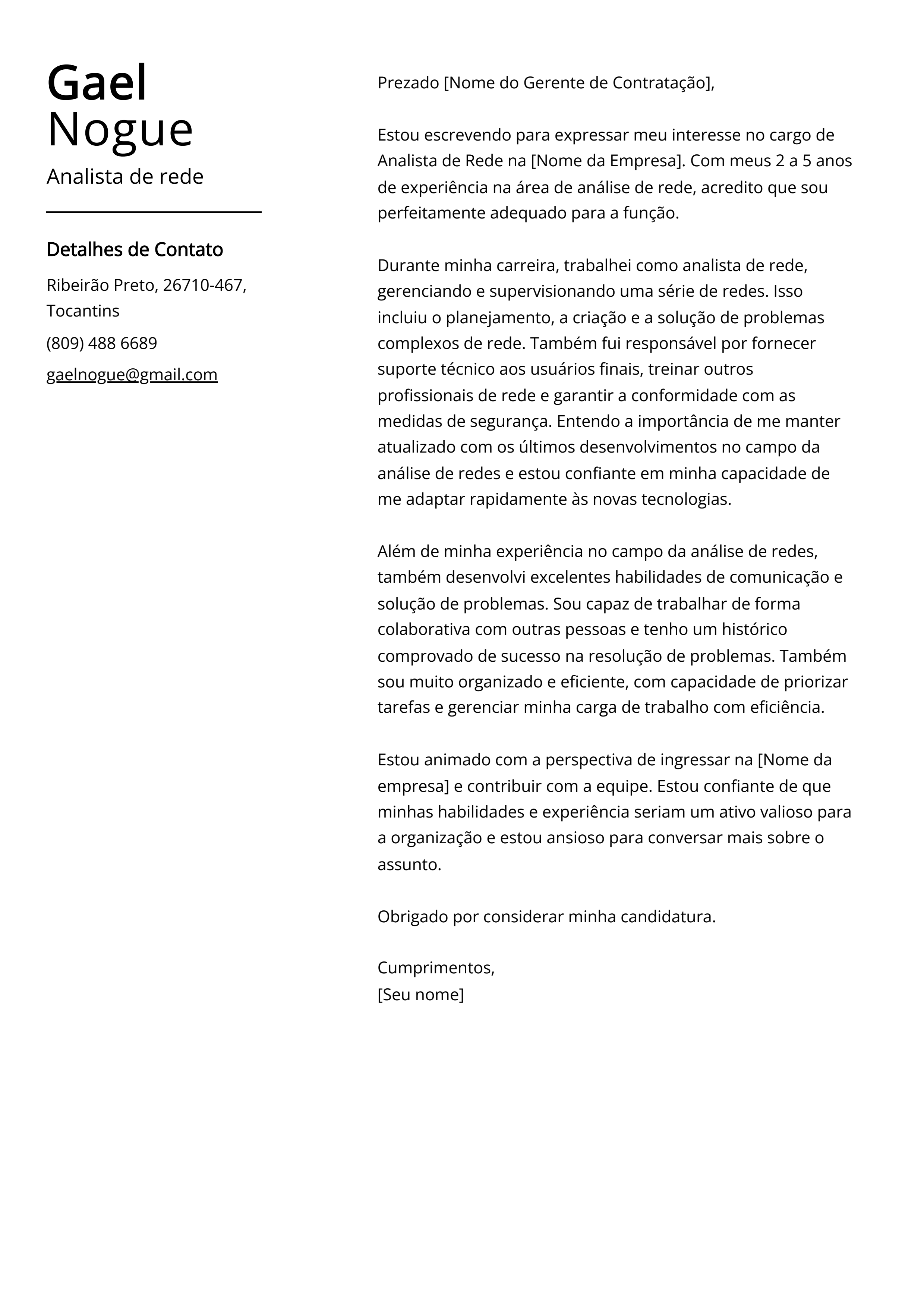 Exemplo de carta de apresentação do analista de rede