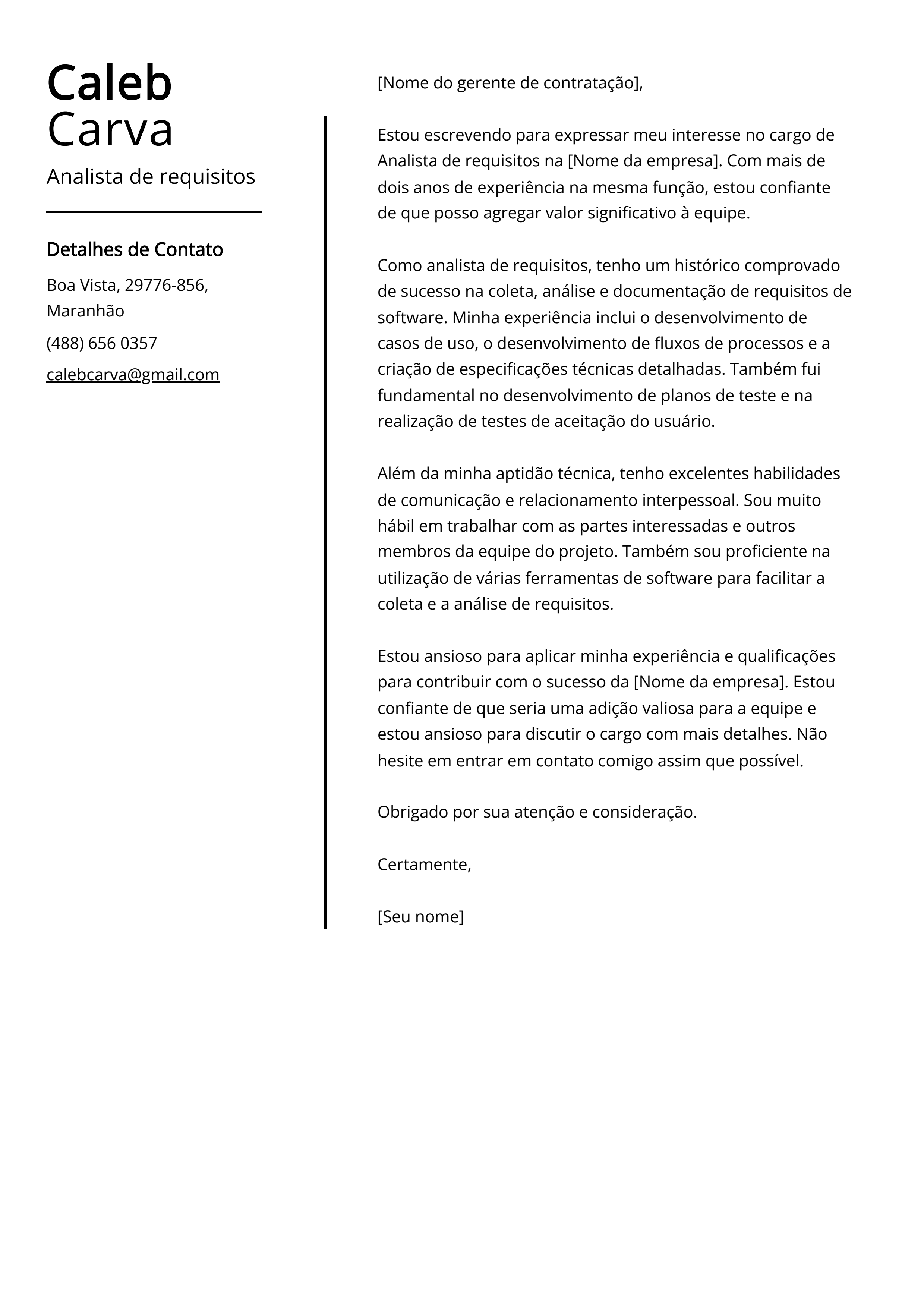 Exemplo de Carta de Apresentação de Analista de Requisitos