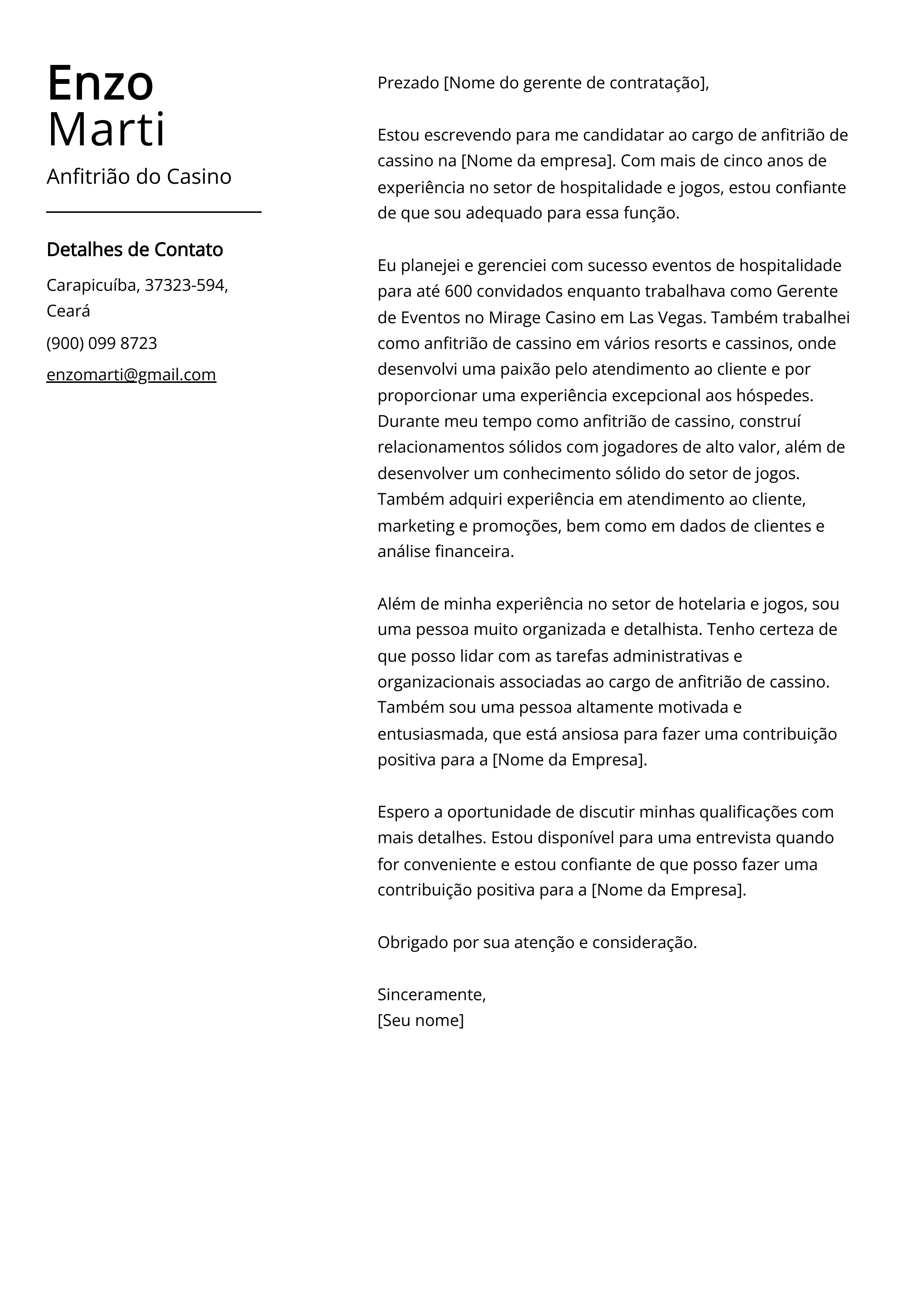 Exemplo de carta de apresentação do Anfitrião do Cassino