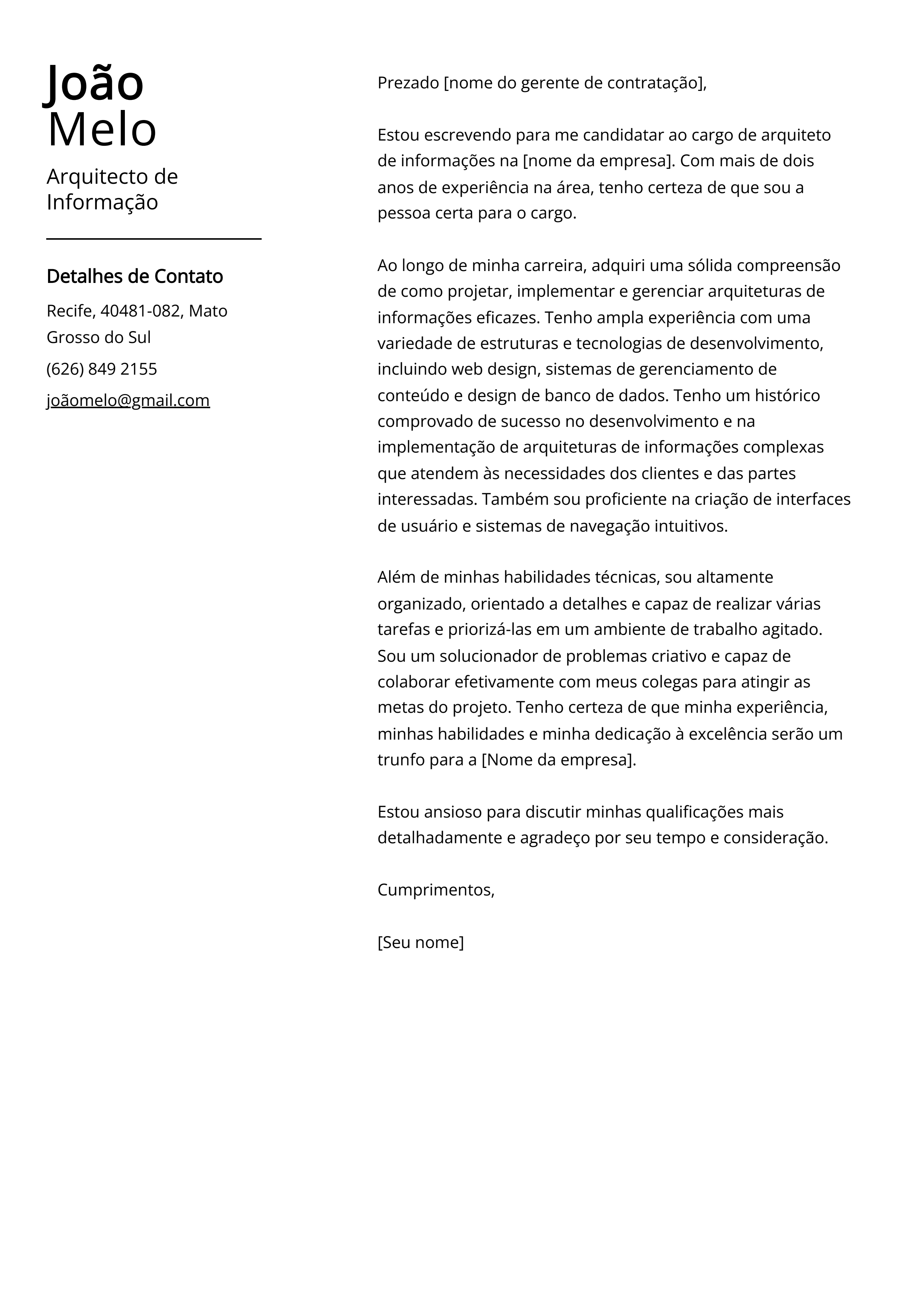 Exemplo de Carta de Apresentação de Arquiteto de Informação