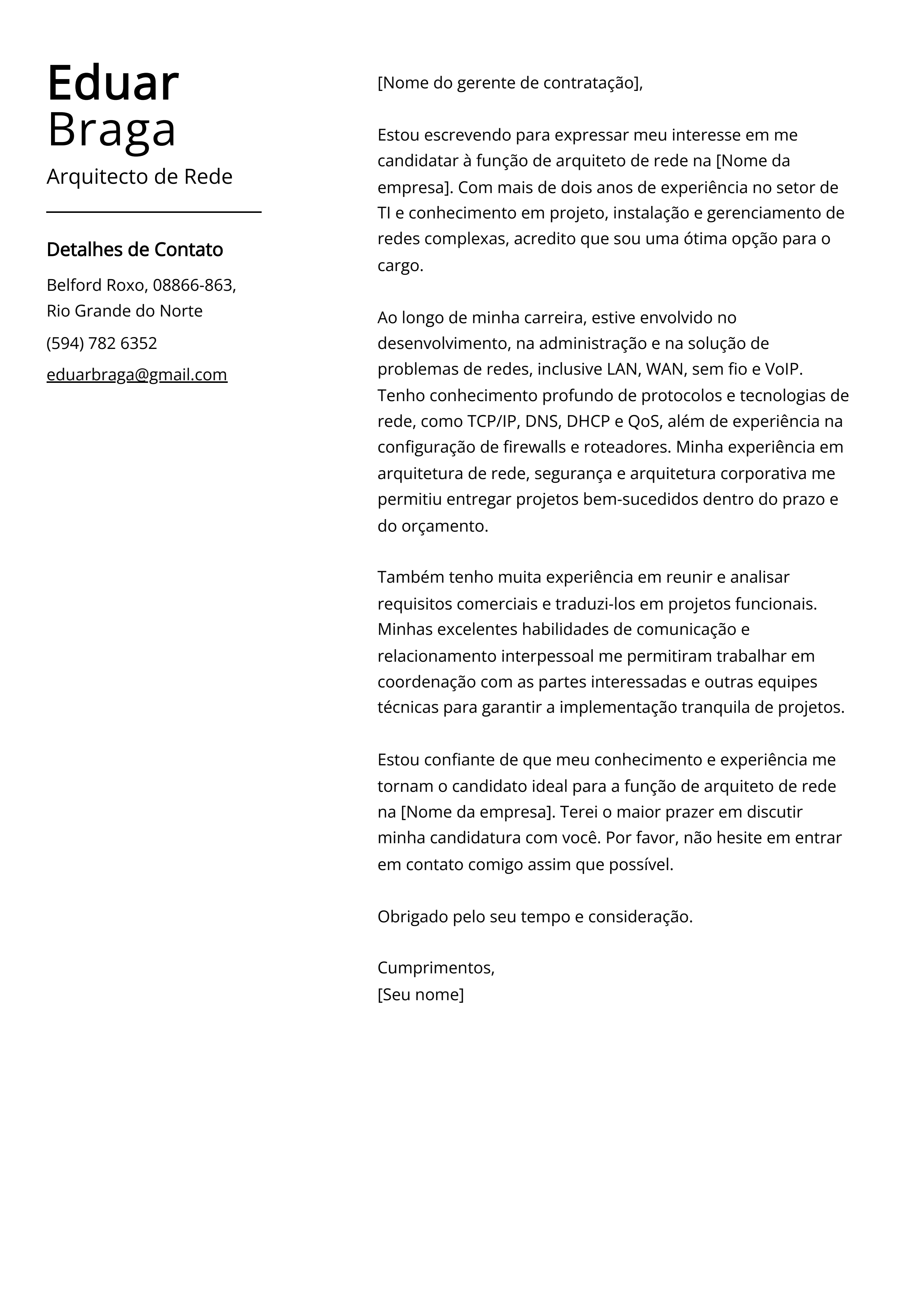 Exemplo de Carta de Apresentação de Arquiteto de Rede