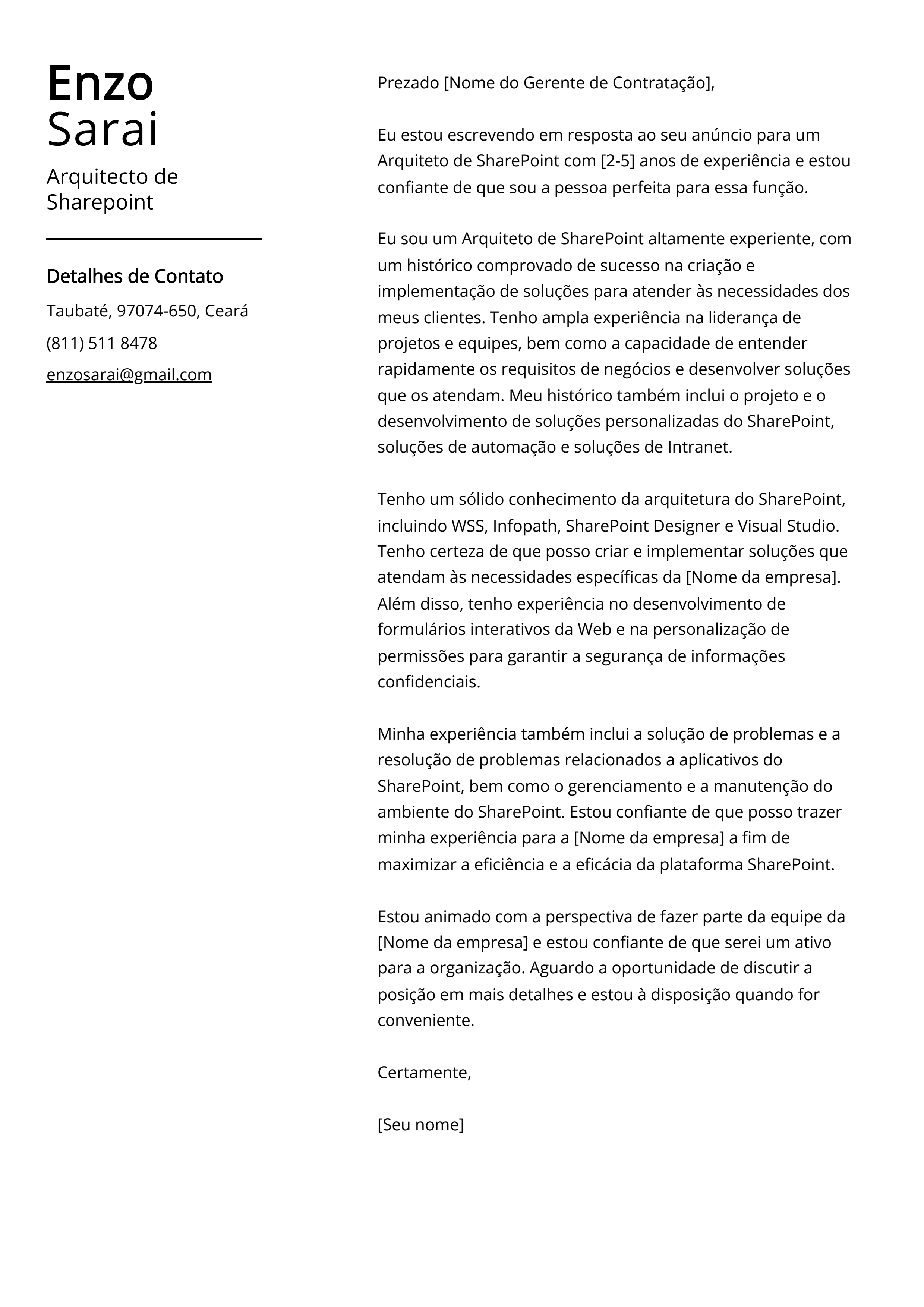 Exemplo de Carta de Apresentação de Arquiteto de Sharepoint