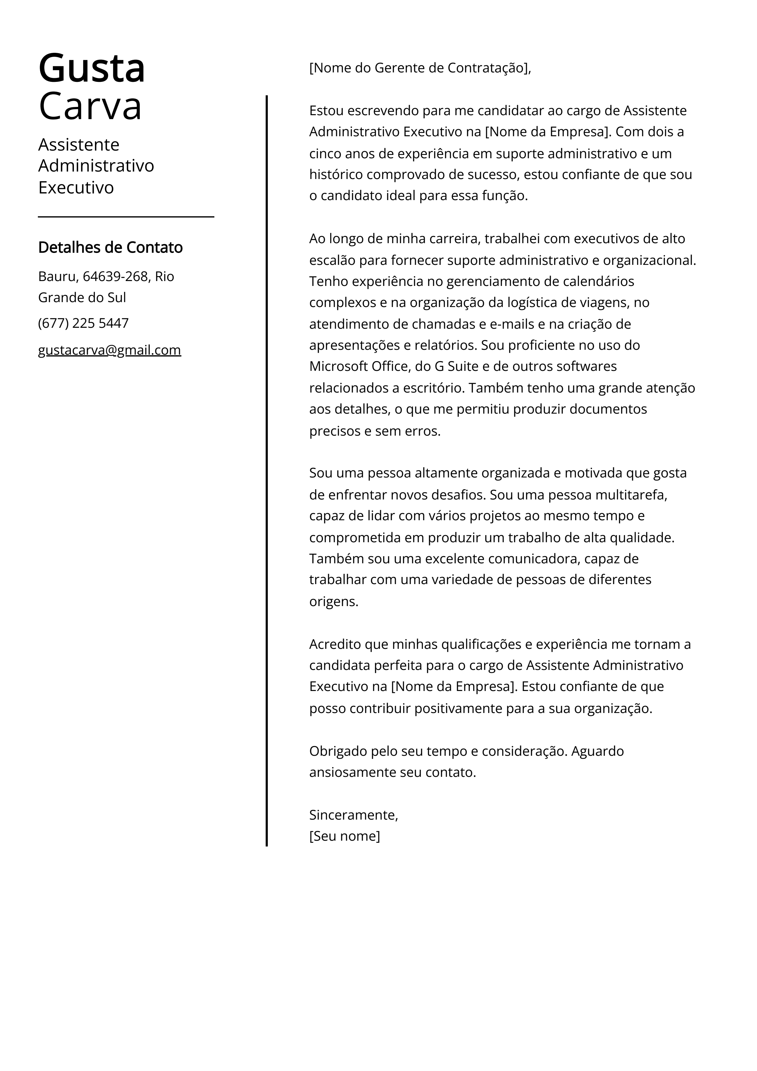 Exemplo de carta de apresentação de Assistente Administrativo Executivo