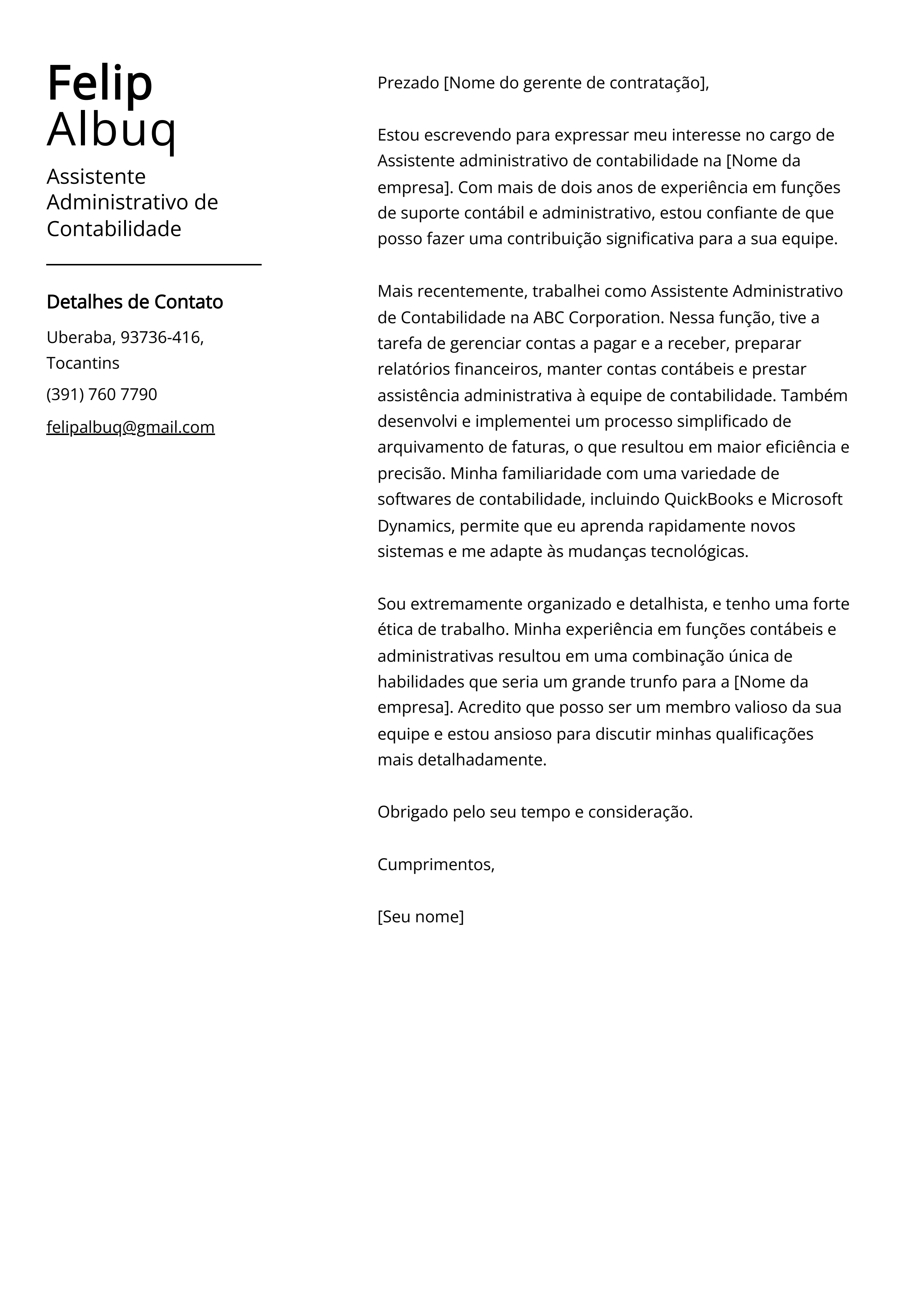 Exemplo de carta de apresentação de Assistente Administrativo de Contabilidade