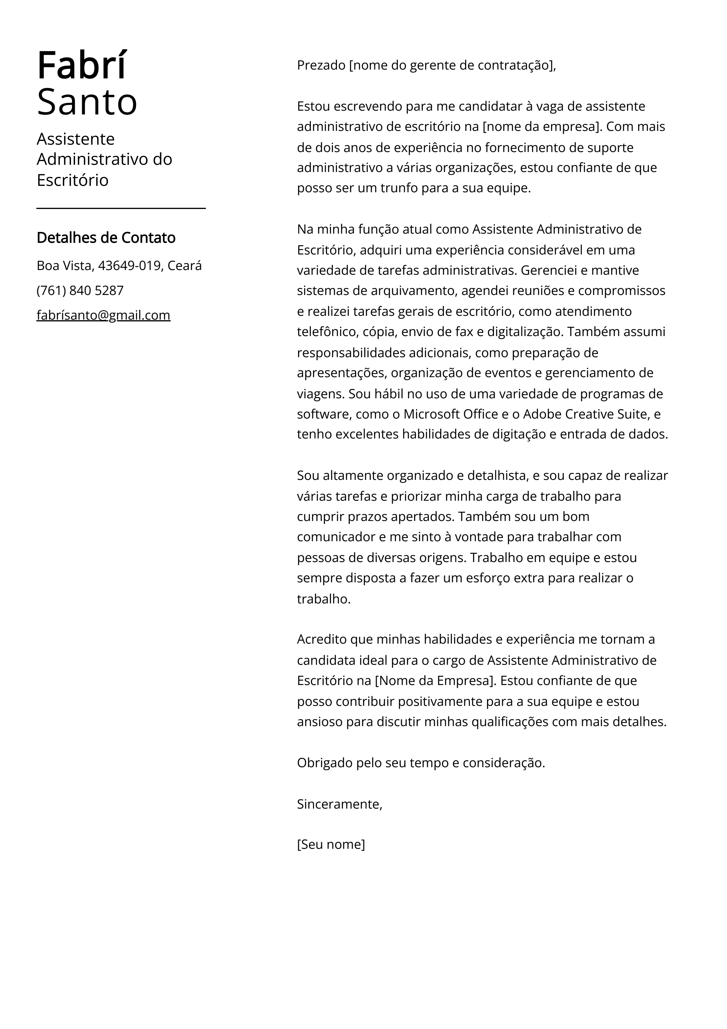 Exemplo de carta de apresentação do Assistente Administrativo do Escritório