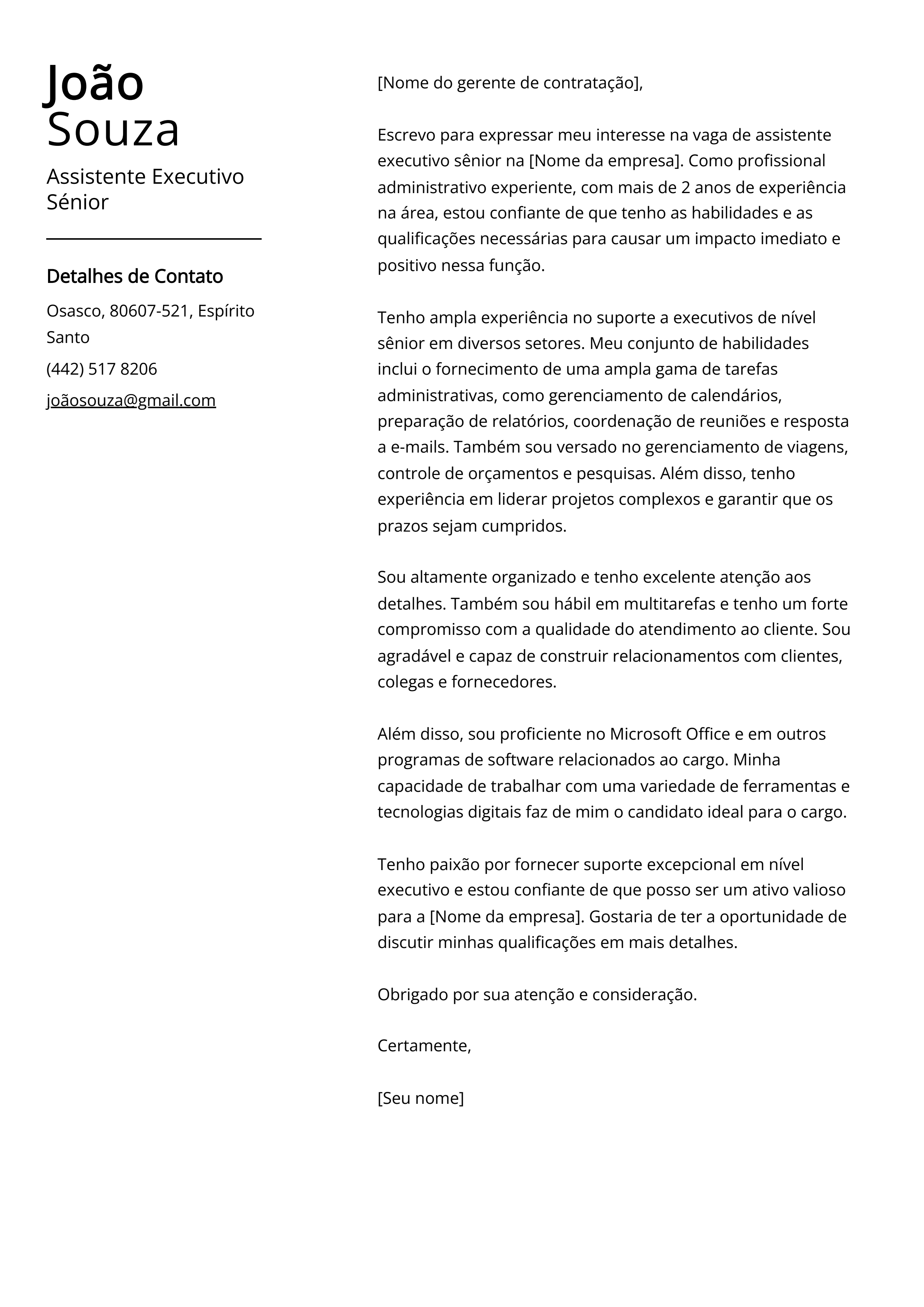 Exemplo de carta de apresentação de Assistente Executivo Sênior