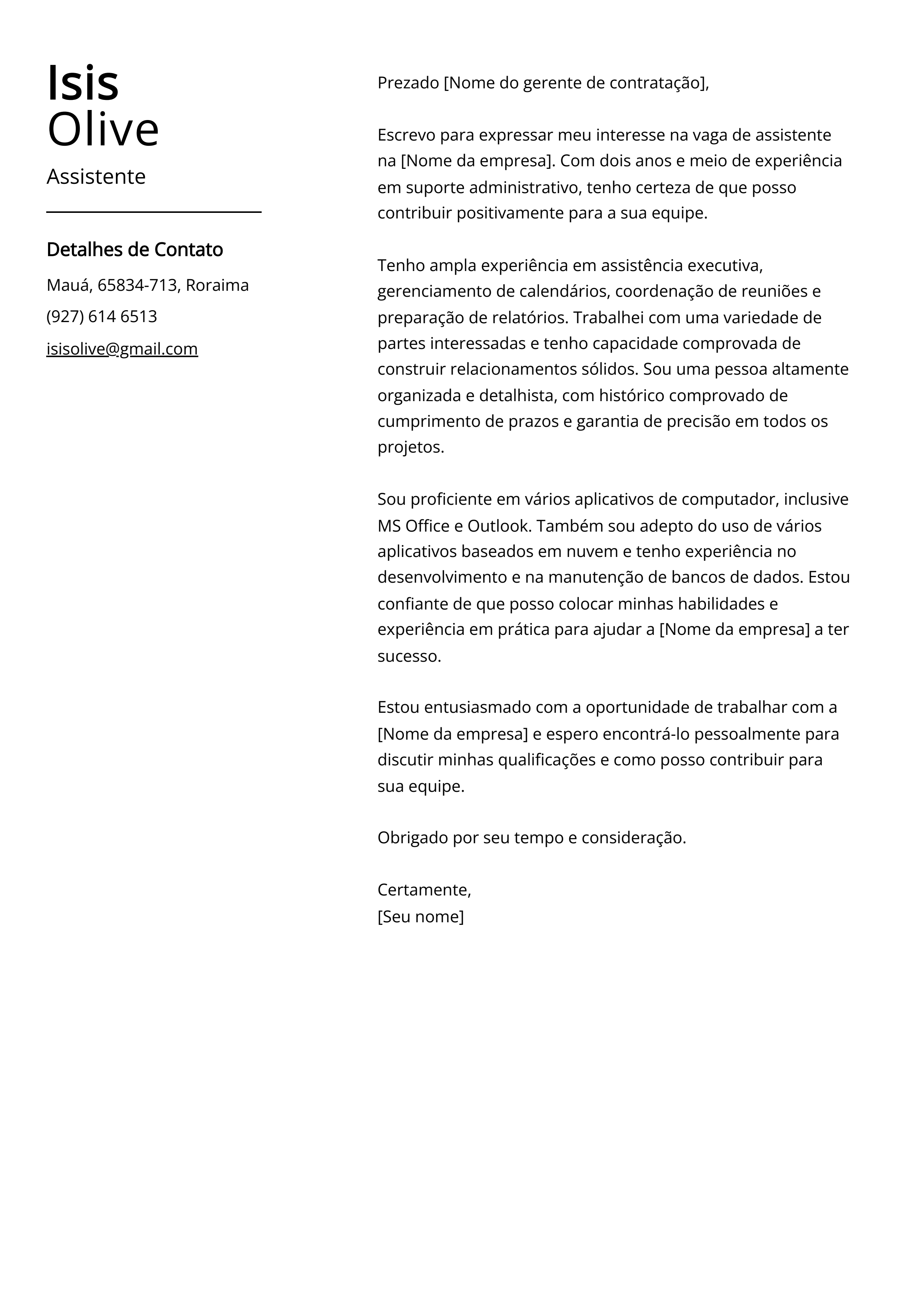 Exemplo de carta de apresentação de assistente