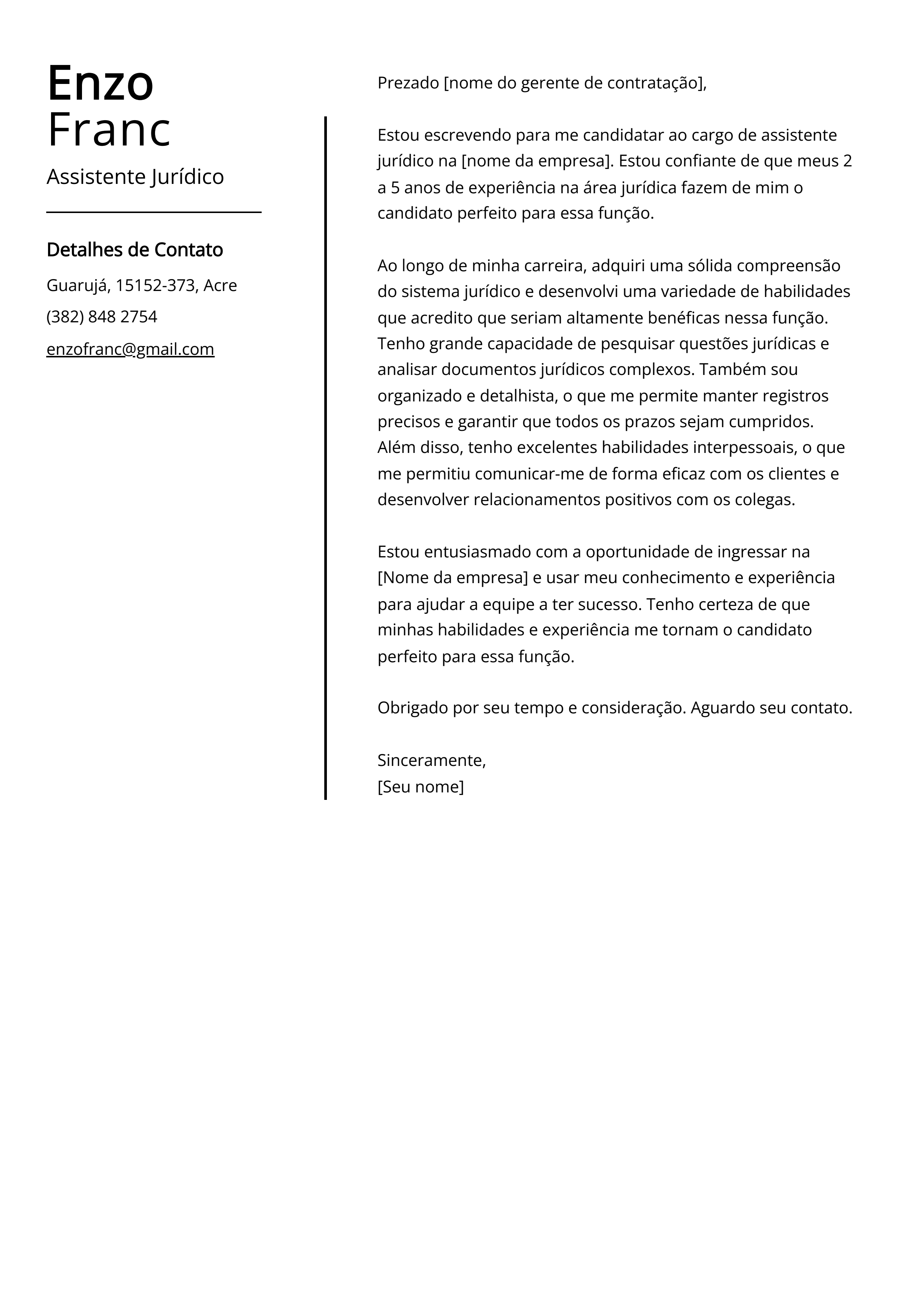 Exemplo de carta de apresentação do Assistente Jurídico