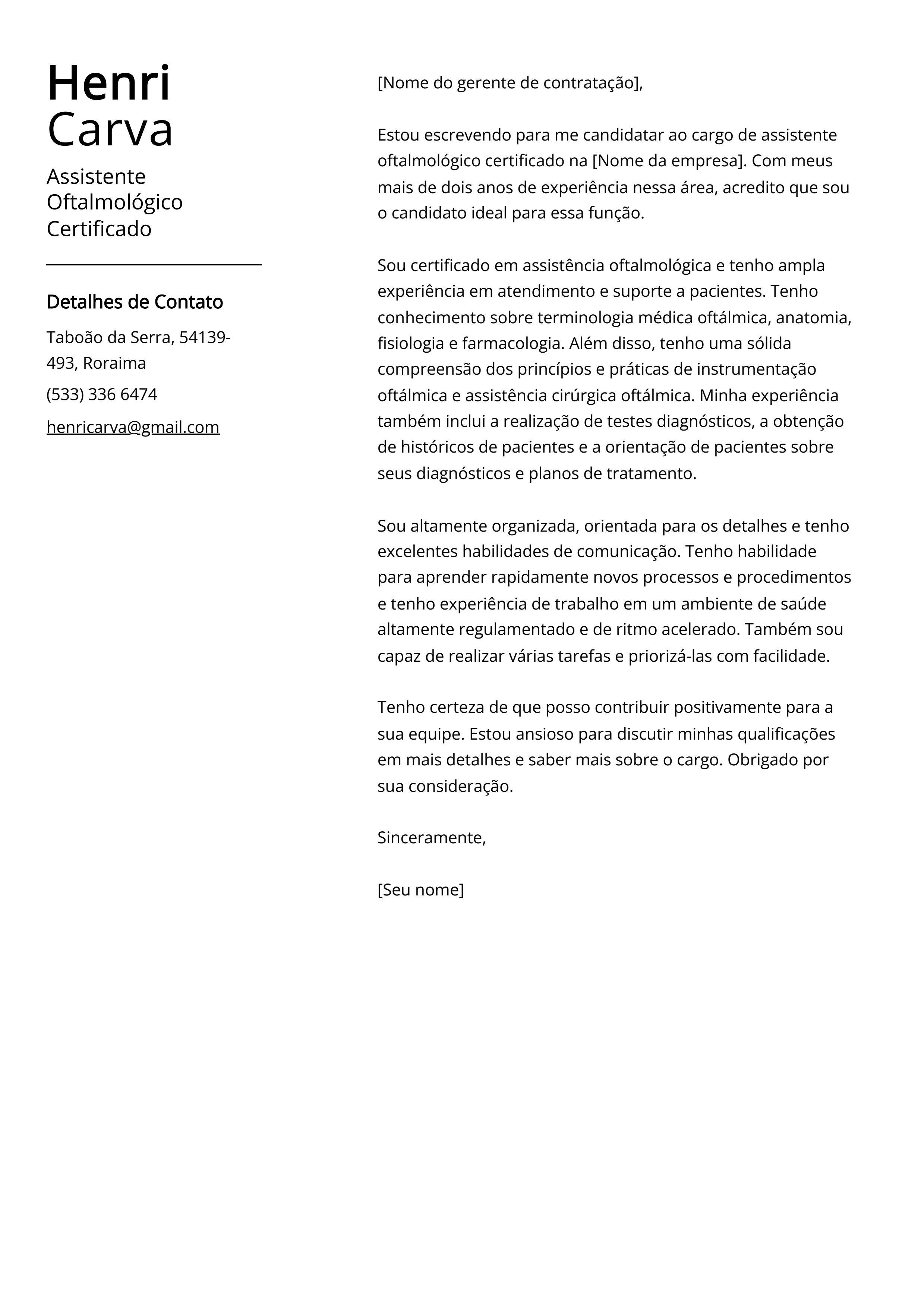 Exemplo de carta de apresentação do Assistente Oftalmológico Certificado