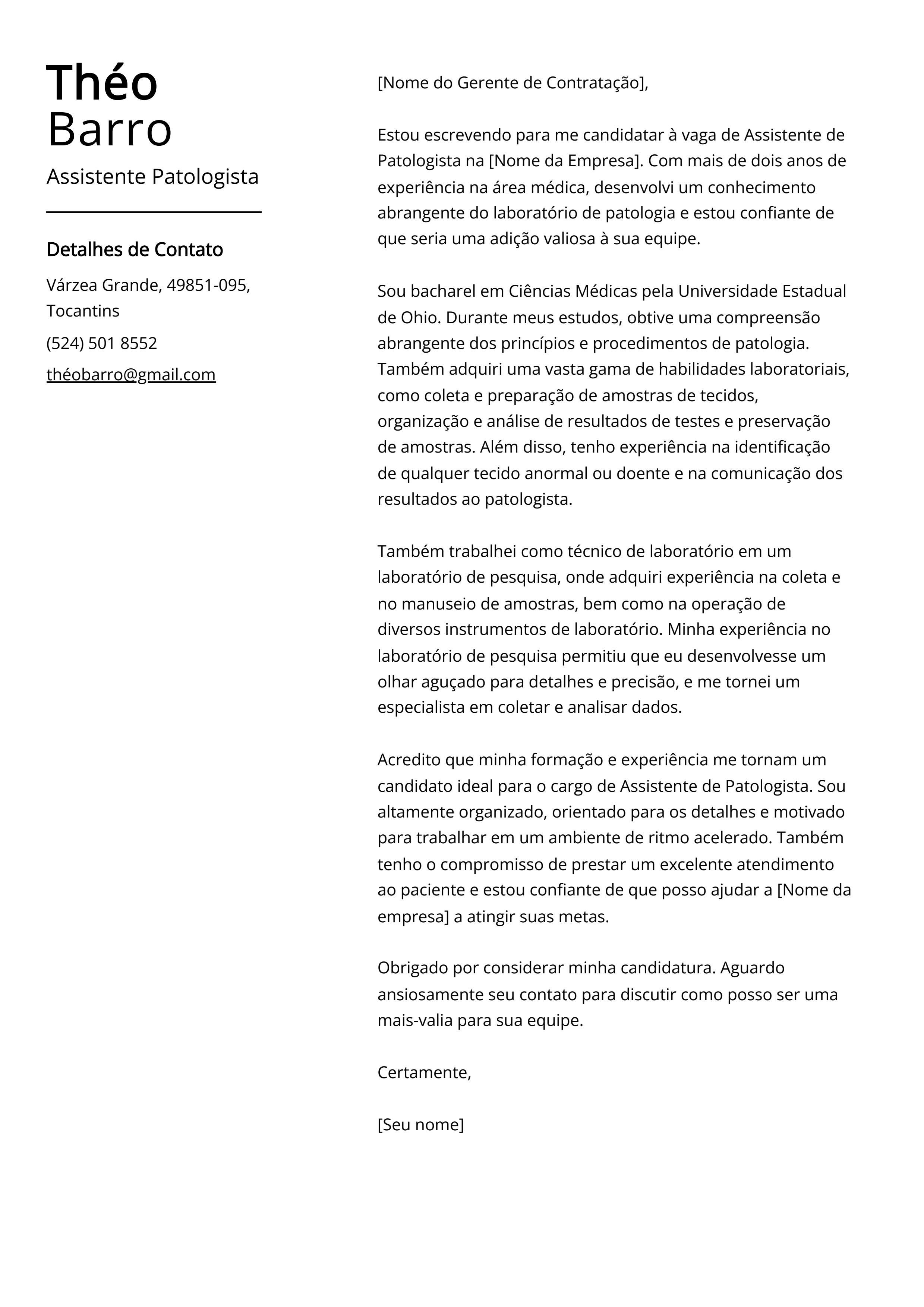 Exemplo de carta de apresentação do Assistente Patologista