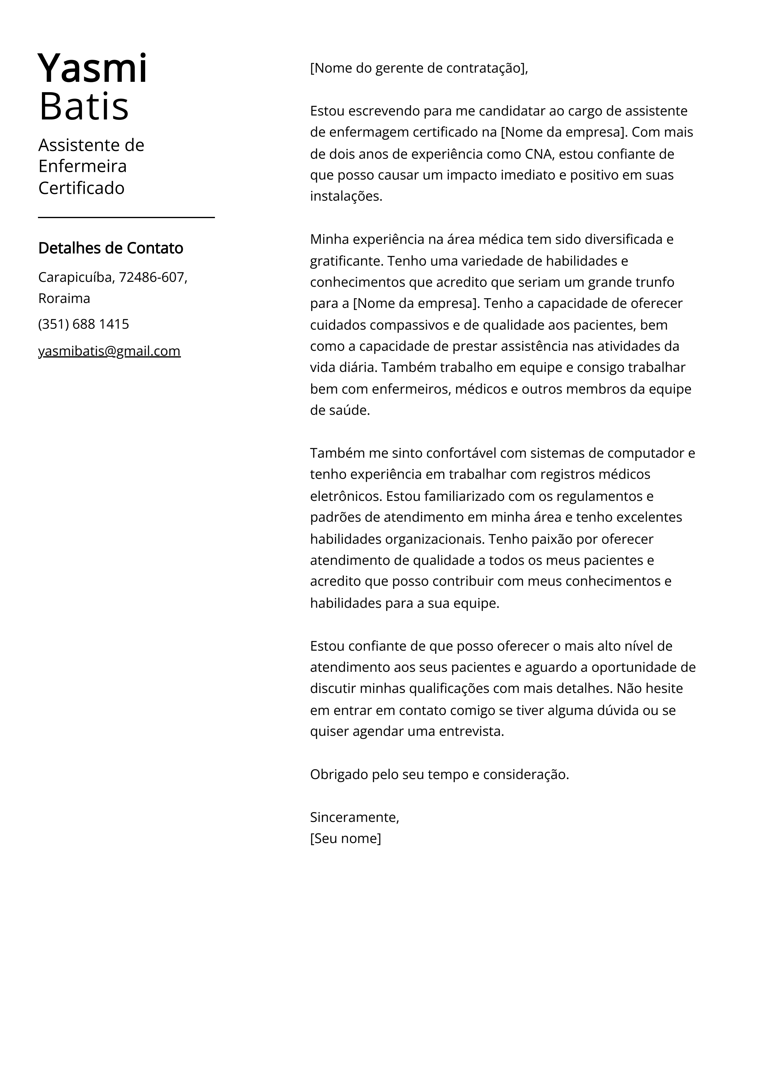 Exemplo de carta de apresentação do Assistente de Enfermeira Certificado