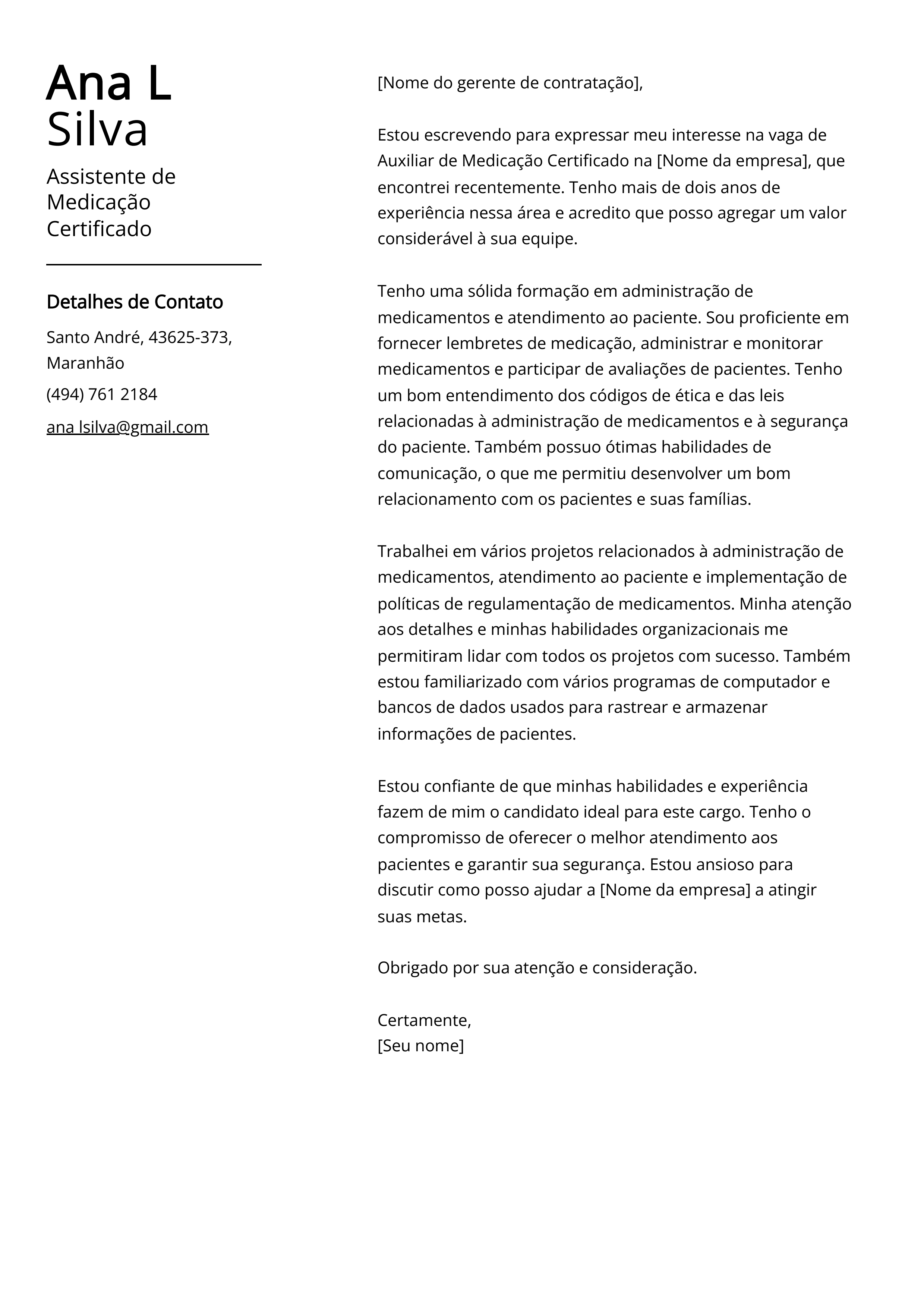 Exemplo de carta de apresentação do Assistente de Medicação Certificado