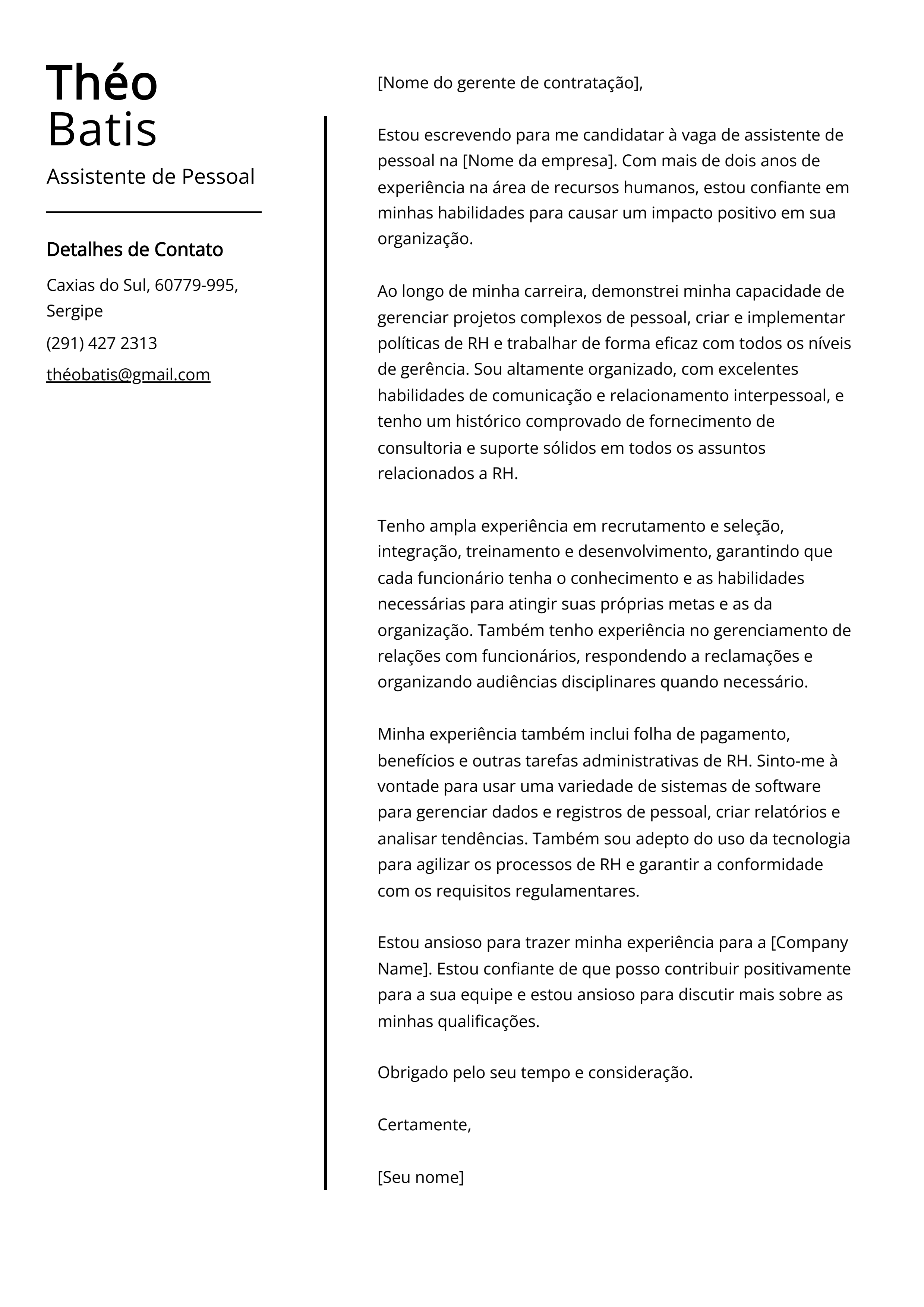 Exemplo de carta de apresentação de Assistente de Pessoal