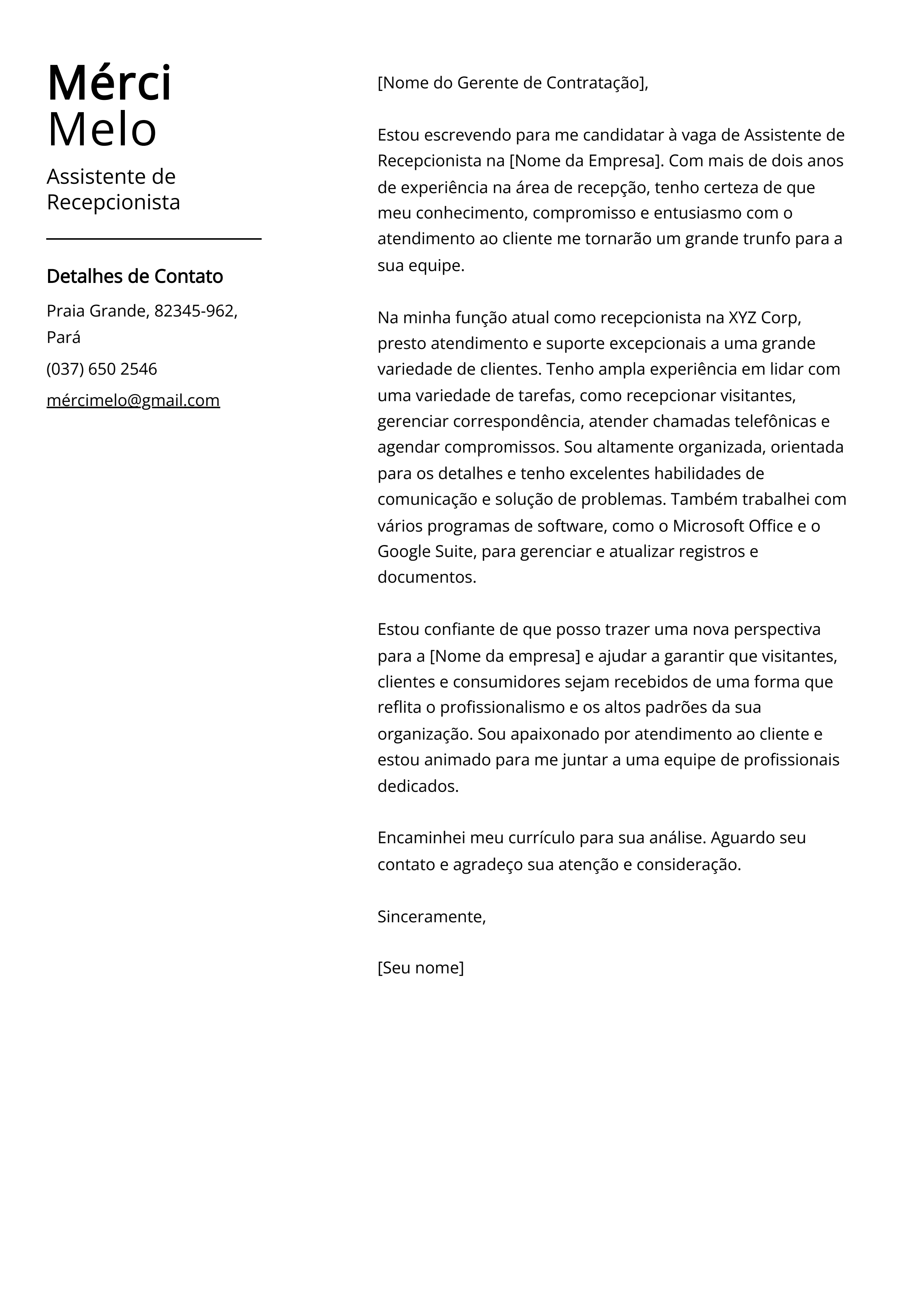 Exemplo de carta de apresentação de Assistente de Recepcionista