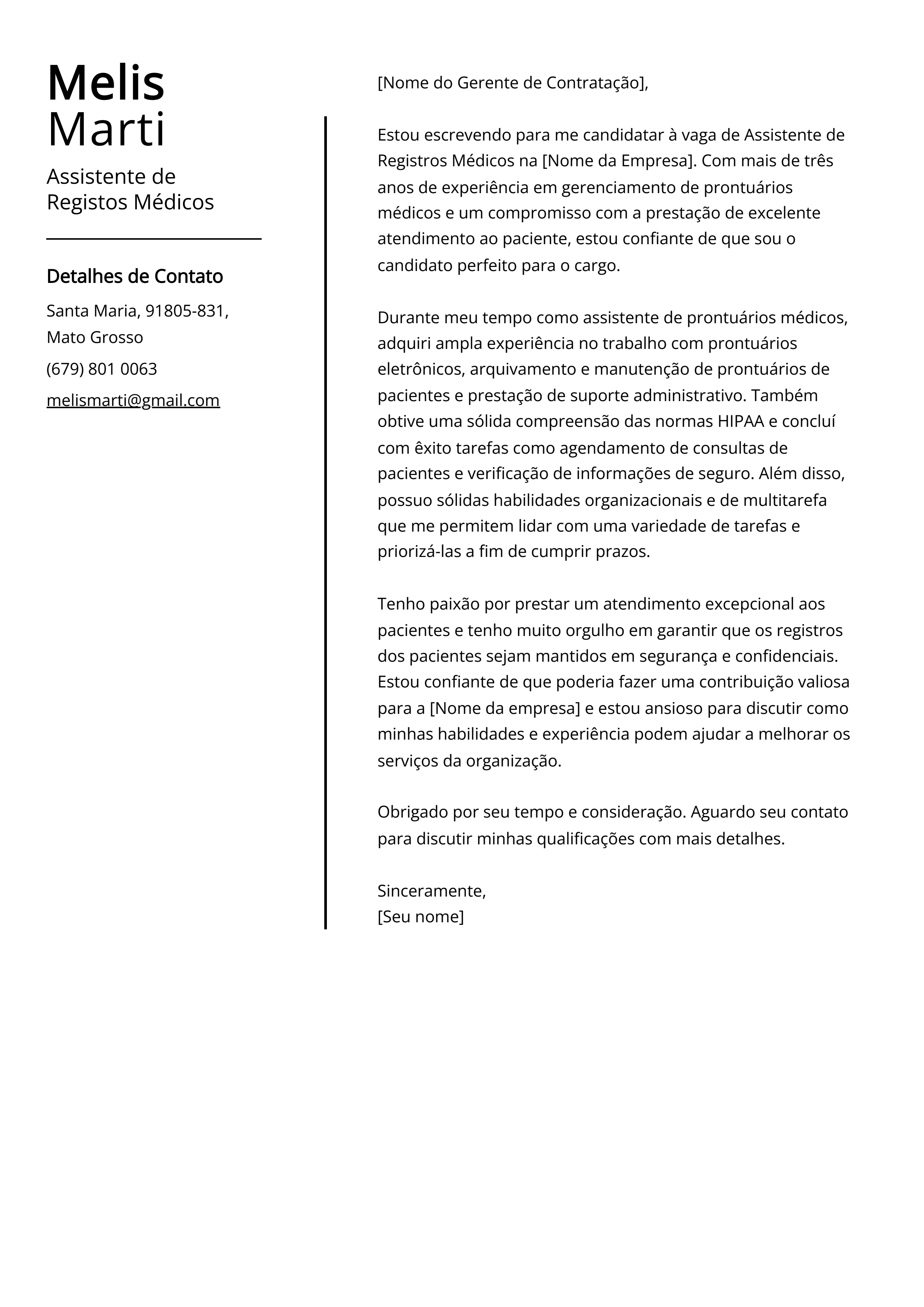 Exemplo de carta de apresentação do Assistente de Registros Médicos