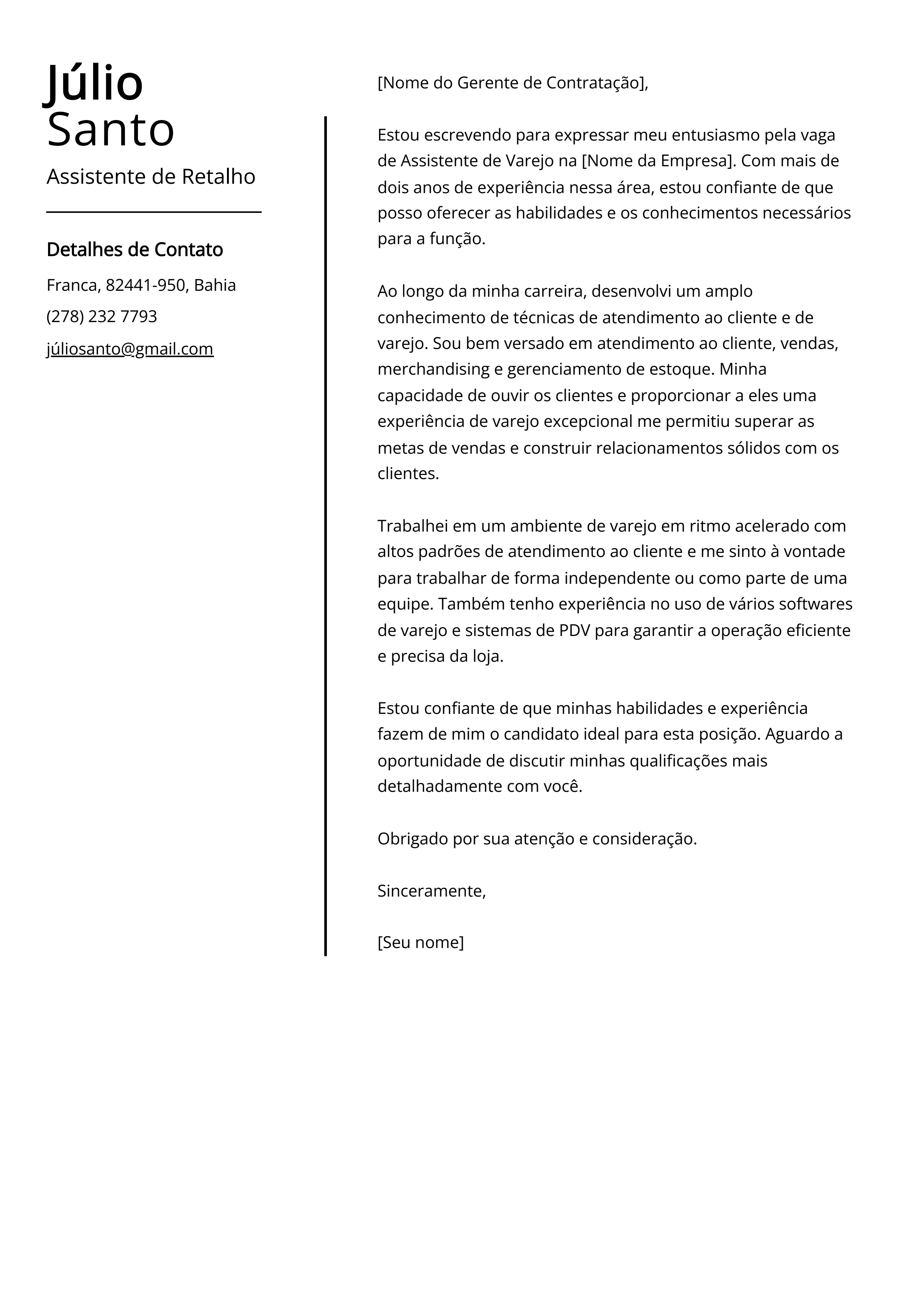 Exemplo de carta de apresentação de Assistente de Retalho