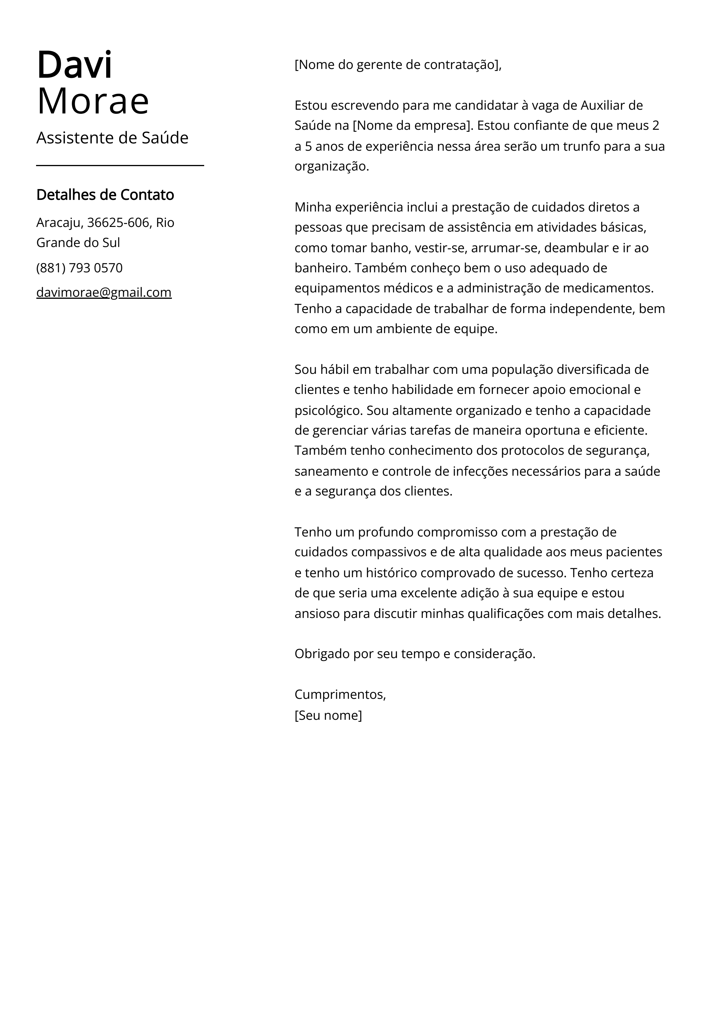 Exemplo de carta de apresentação do Assistente de Saúde