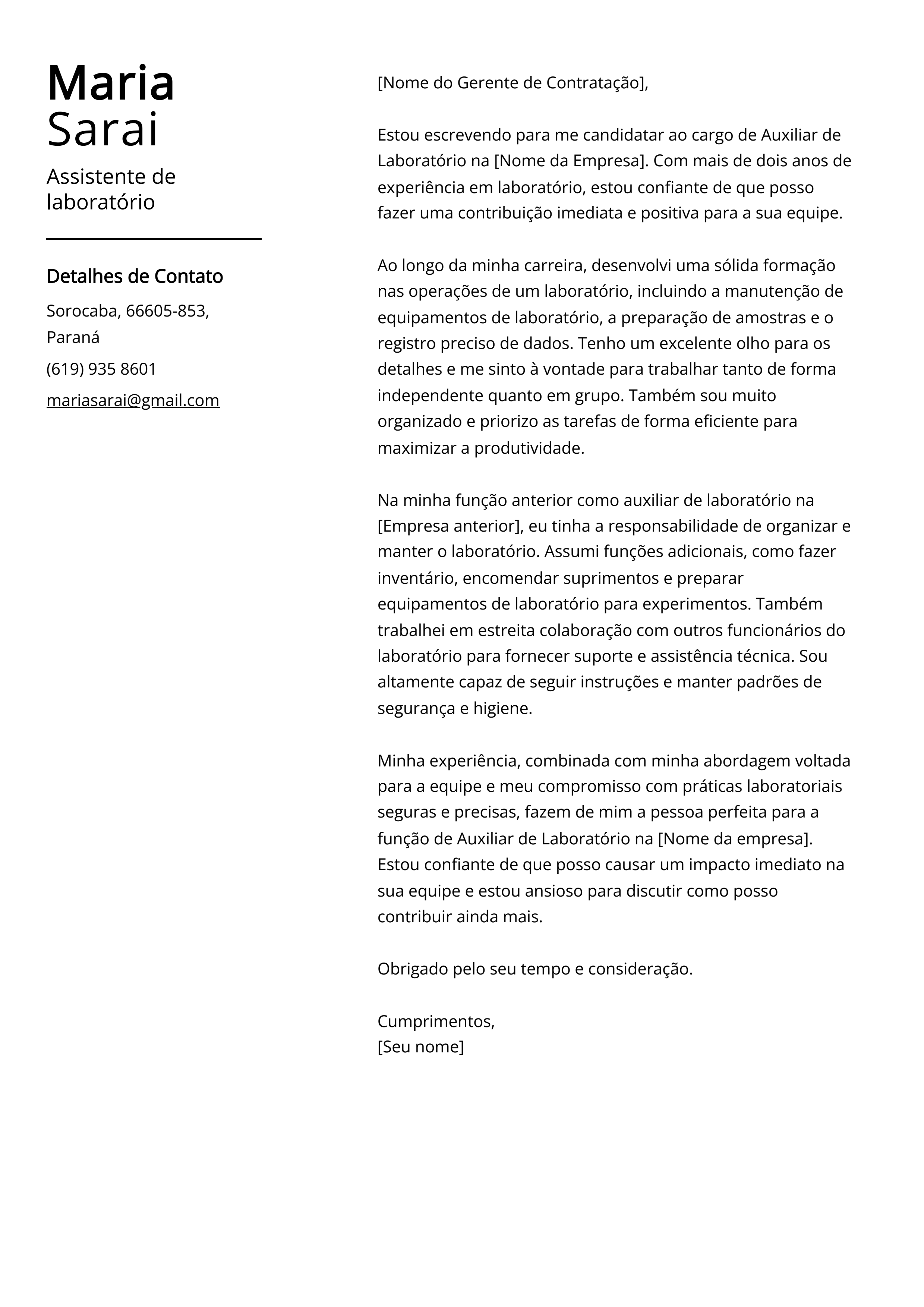 Exemplo de carta de apresentação de assistente de laboratório