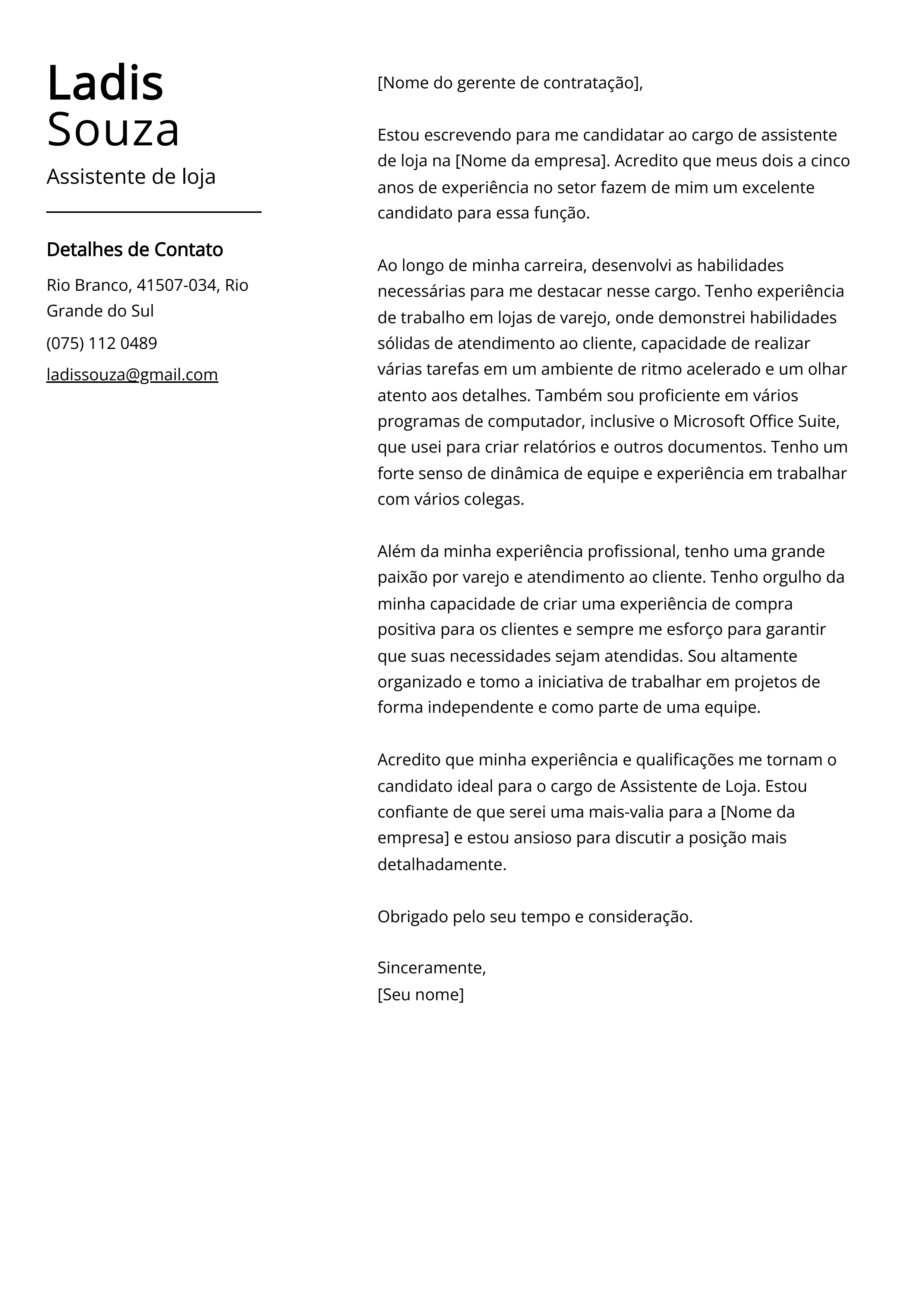 Exemplo de carta de apresentação de assistente de loja