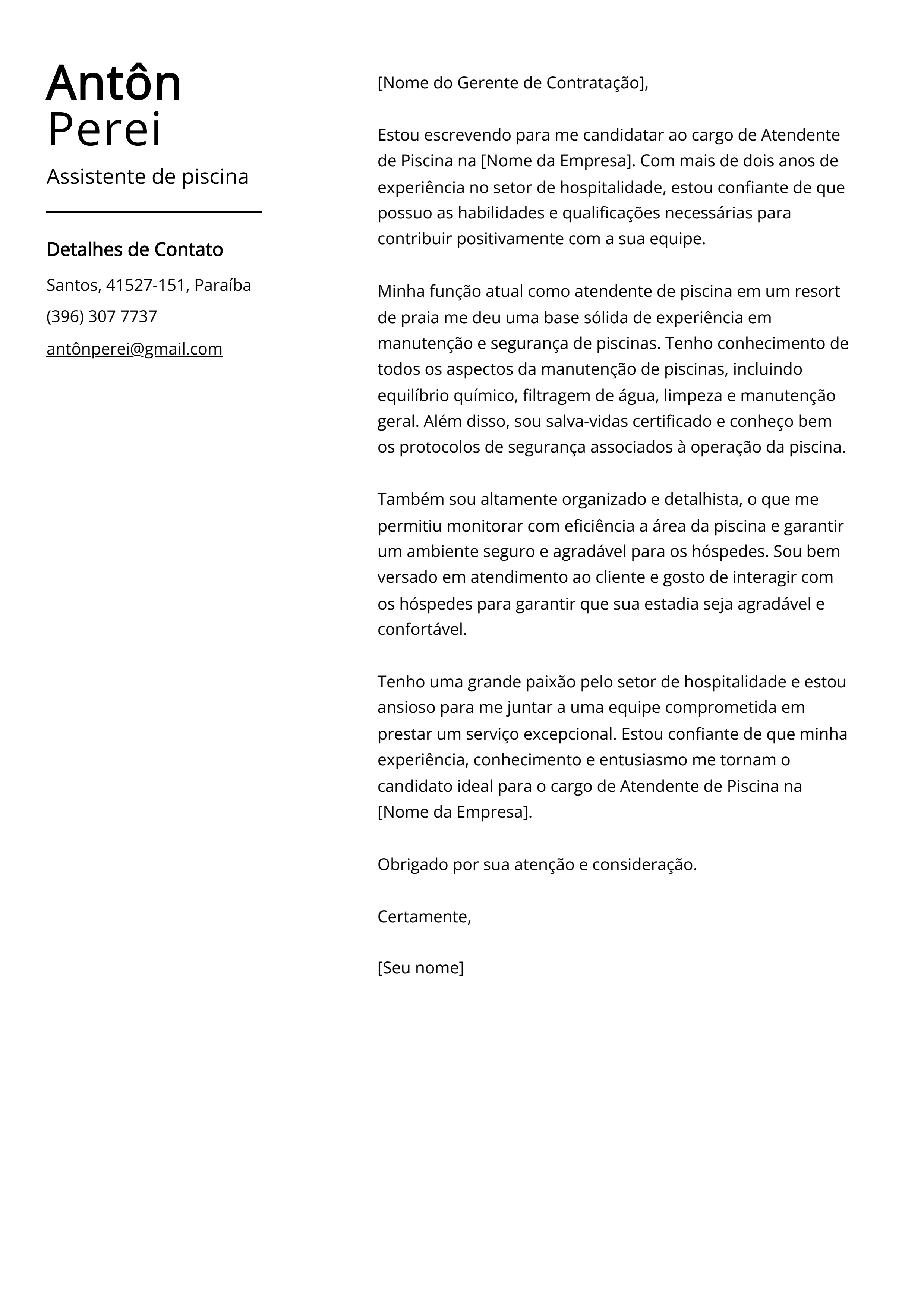 Exemplo de carta de apresentação de Assistente de piscina