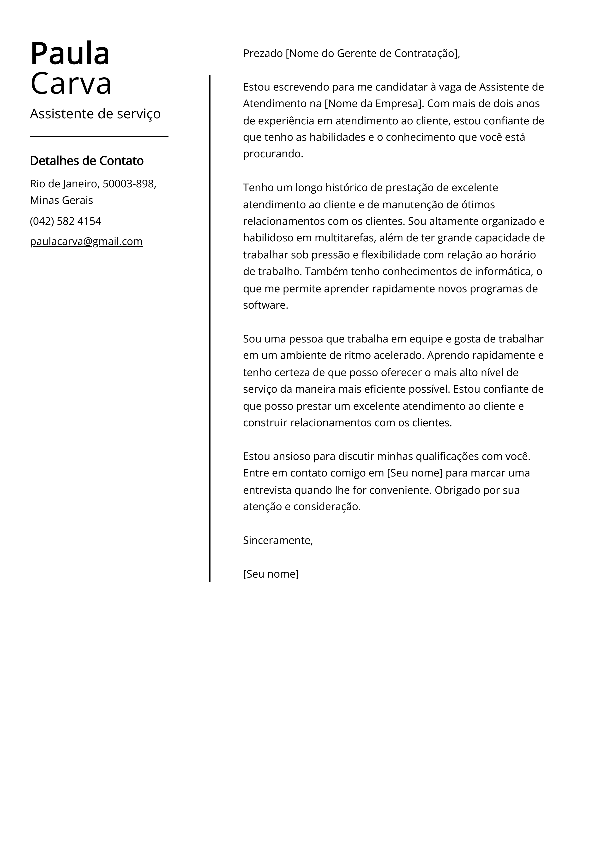 Exemplo de carta de apresentação de assistente de serviço