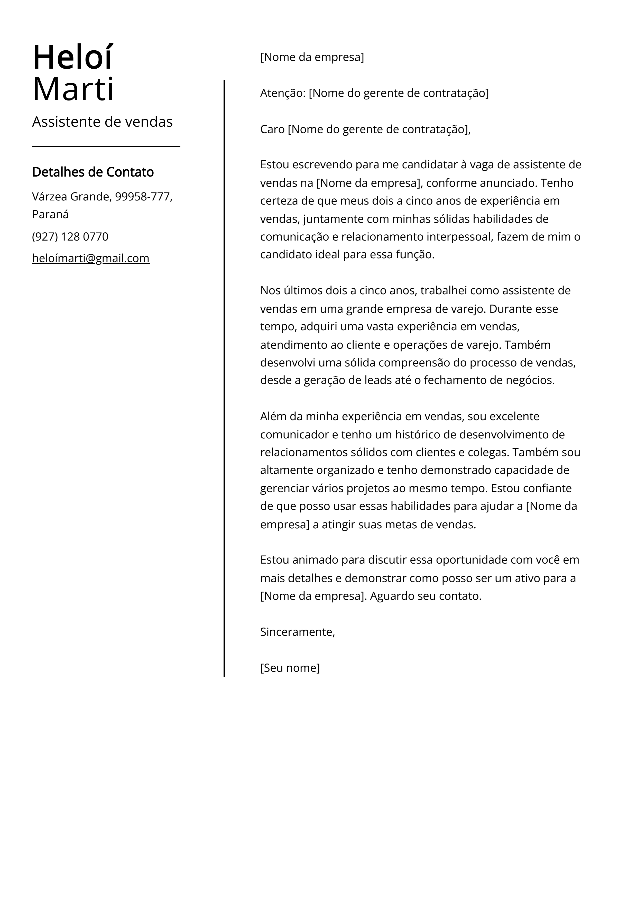 Exemplo de carta de apresentação de assistente de vendas